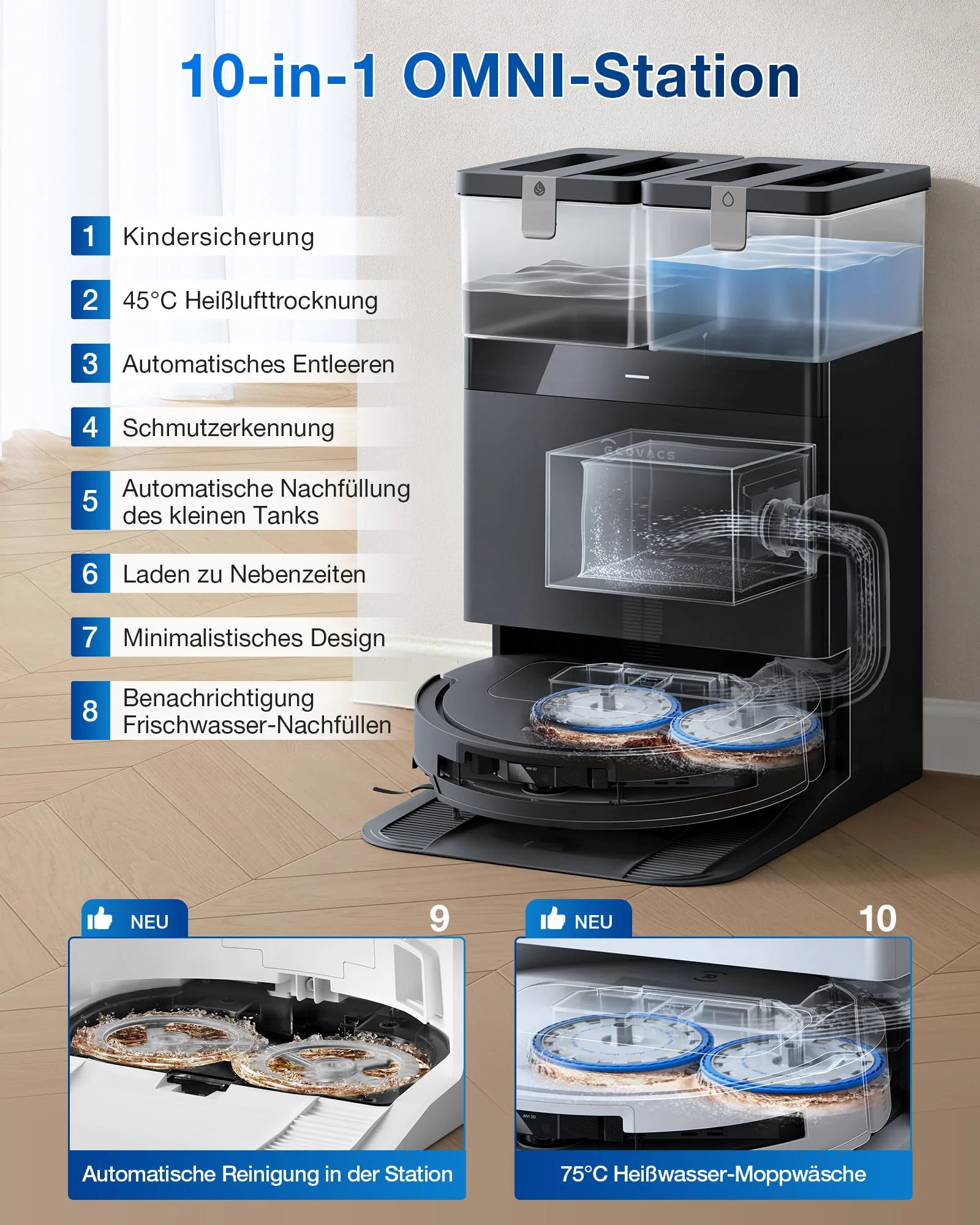 ECOVACS DEEBOT T50 OMNI Gen2 Saugroboter mit Wischfunktion, 21.000 Pa, Ausziehbare Seitenbürste und Mopp, ZeroTangle 2.0, Moppwäsche mit 75°C heißem Wasser, All-in-One Station, ultradünn 81 mm,Schwarz - Image 6