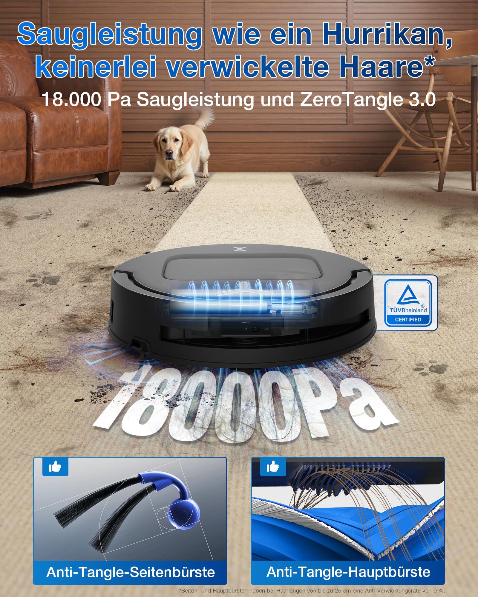 ECOVACS DEEBOT T80 Omni Saugroboter mit Wischfunktion, 18.000 Pa, OZMO Roller Wischwalze mit kontinuierlicher Frischwasser-Selbstreinigung, ZeroTangle 3.0,Moppwäsche mit 40-75℃ heißem Wasser, Schwarz - Image 7