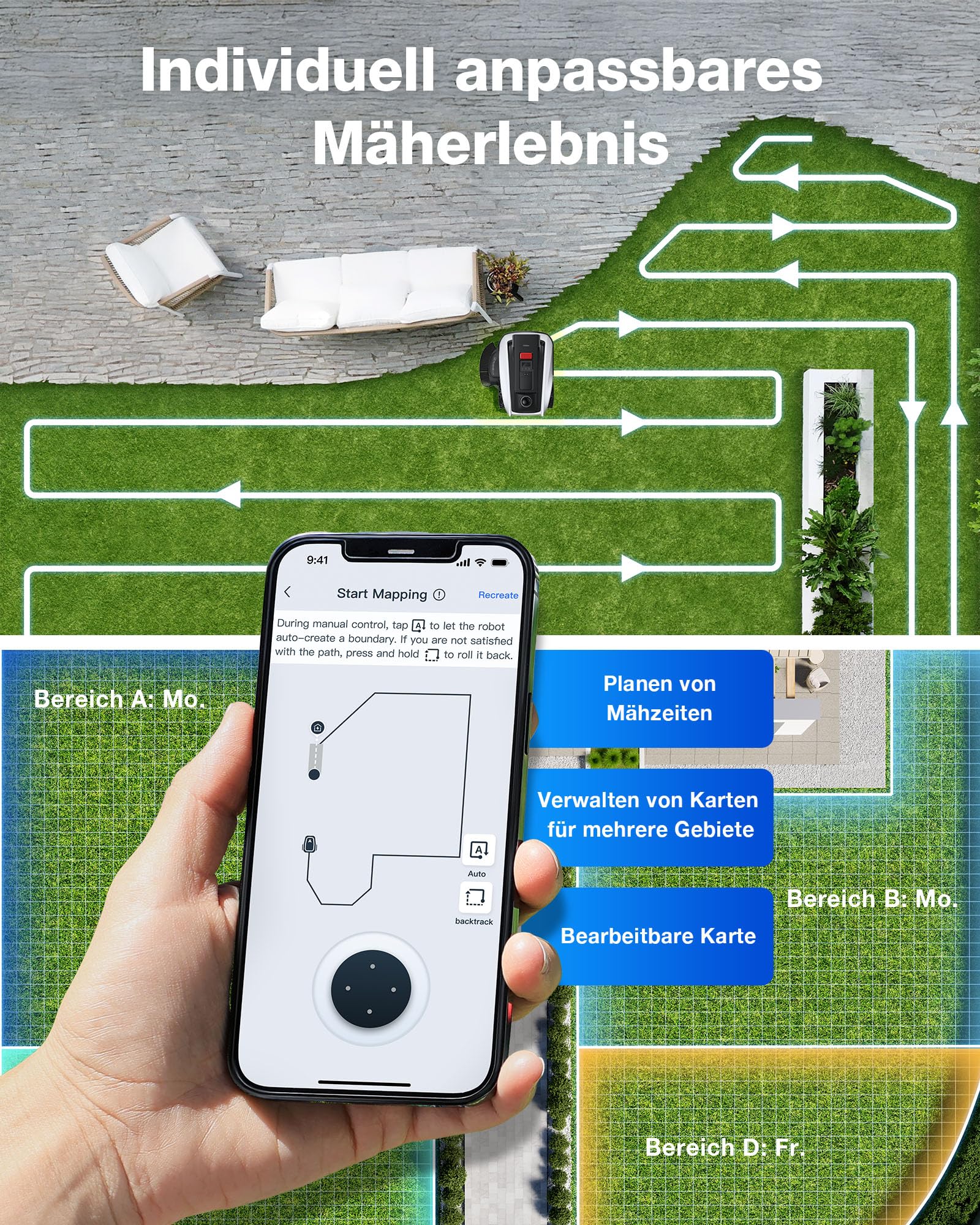 ECOVACS Goat O1200 LiDAR PRO Mähroboter ohne Begrenzungskabel, 1.200 m², 360° Dual-LiDAR-Navigation, automatische Kartierung, KI-3D-Hindernisvermeidung, präzises Kantentrimmen mit TruEdge Trimmer - Image 7