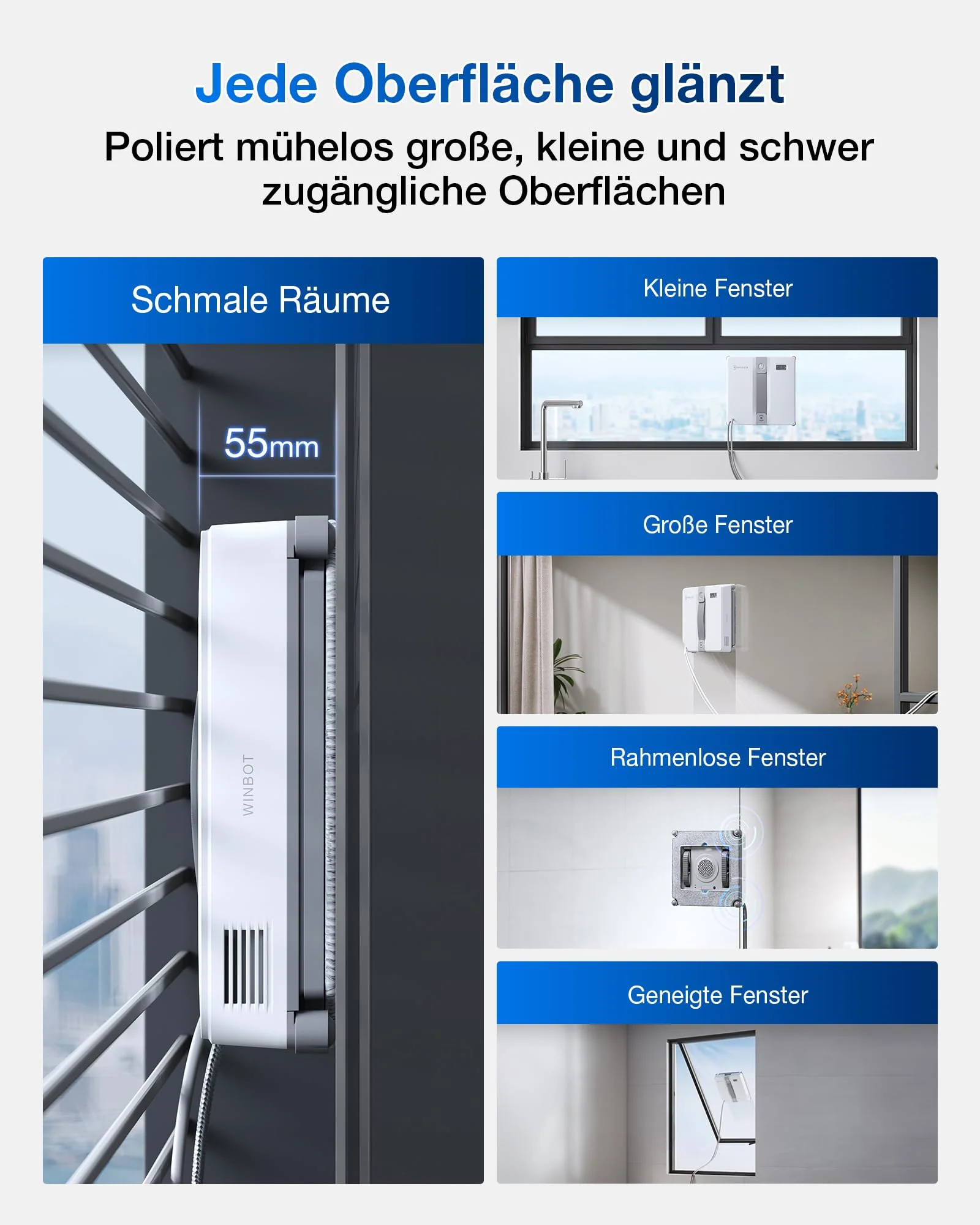 ECOVACS WINBOT Mini Fensterputzroboter, kompaktes Design, Doppel-Düsen mit Ultraschall-Zerstäubung, 9-Stufen-Schutzsystem, intelligente Pfadplanung, 3 Reinigungsmodi, Anti-Rutsch-System, Grau - Image 2