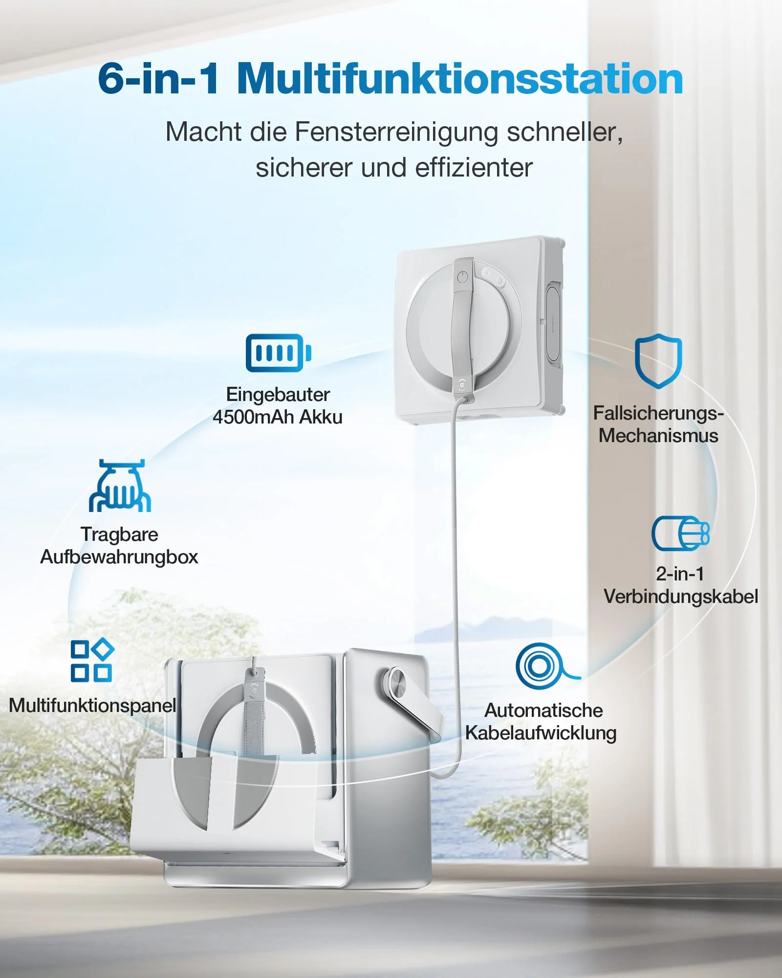 ECOVACS WINBOT W2 Omni Fensterputzroboter mit 6-in-1 Multifunktionsstation, integrierter 4500mAh Akku, Kantenreinigungsmodus, Weitwinkel-Sprühzerstäubungstechnologie, White - Image 5