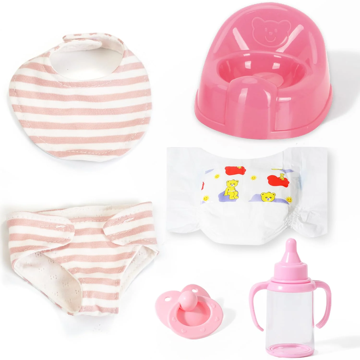 eDollable Realistisches Zubehörset für 30 cm Puppen Enthält EIN Lätzchen, einen Schnuller, eine Windel, eine töpfchen und EIN Fläschchen Perfekt für Kinder, Kleinkinder und Mädchen