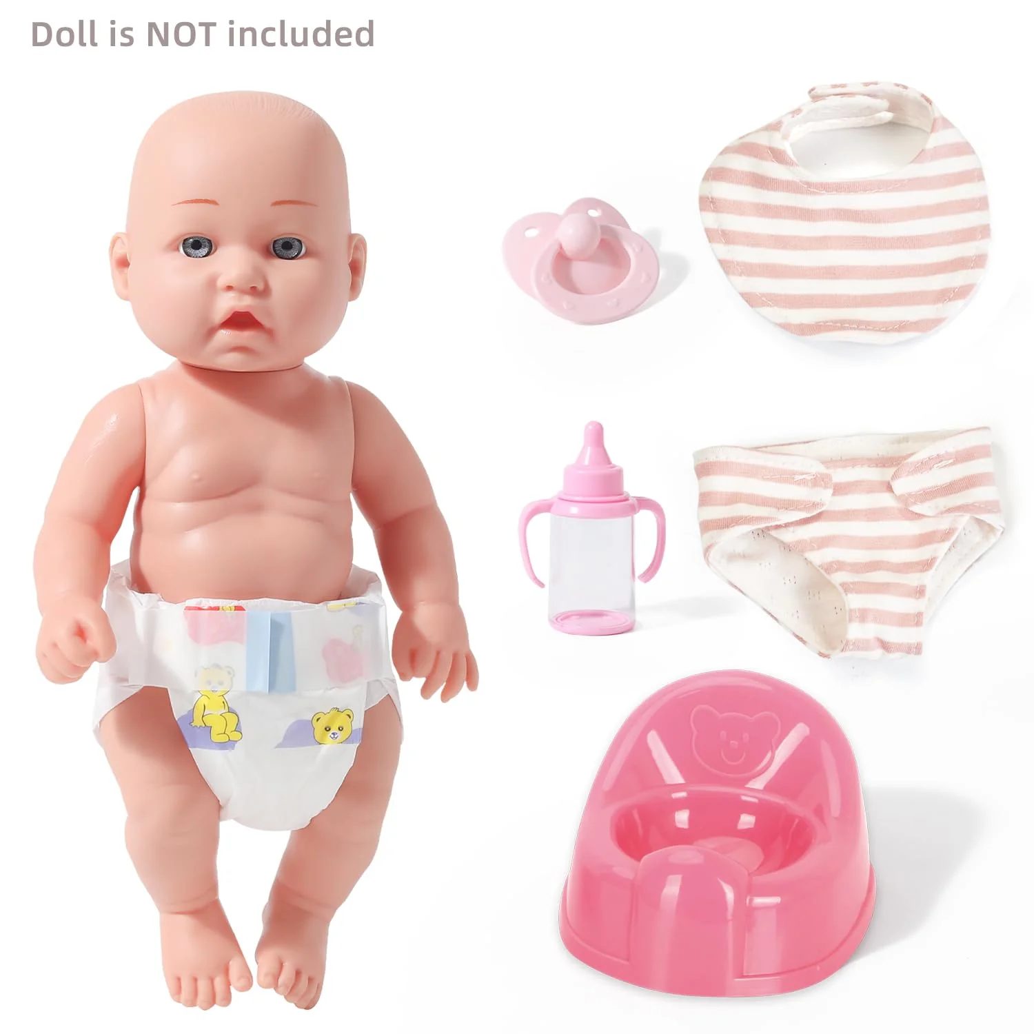eDollable Realistisches Zubehörset für 30 cm Puppen Enthält EIN Lätzchen, einen Schnuller, eine Windel, eine töpfchen und EIN Fläschchen Perfekt für Kinder, Kleinkinder und Mädchen - Image 5