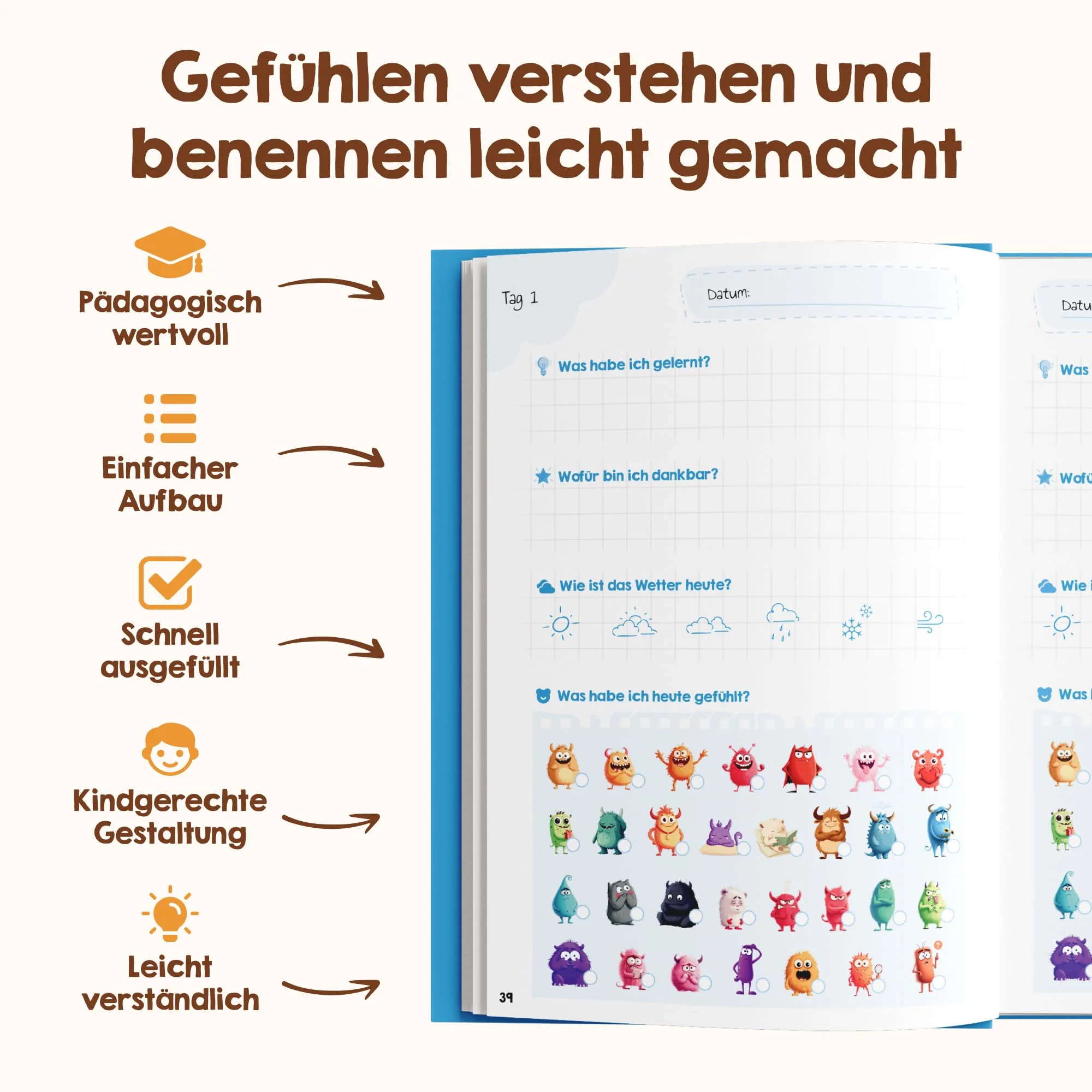 Edubini Gefühlstagebuch Kinder [6-12 Jahre] - Tagebuch Mädchen & Jungs - Gefühle Buch für Umgang mit Emotionen und ein gutes Gefühl, Dankbarkeitstagebuch für Kinder (inkl. 10 Spiele) (blau) - Image 8