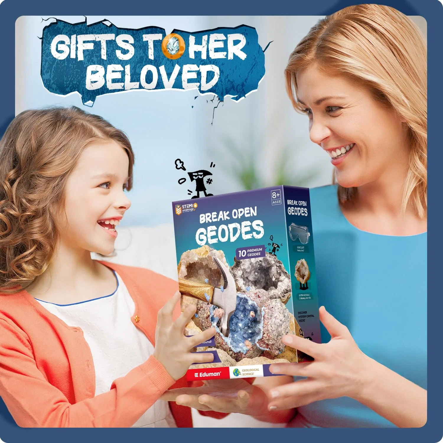 EDUMAN Geoden Zum Aufbrechen für Kinder, Natur Geoden Set in Groß und Klein, Inklusive Schutzbrille, Lupe, Aufbewahrungstasche, Geschenke für Jungen und Mädchen ab 8 Jahre - Image 2