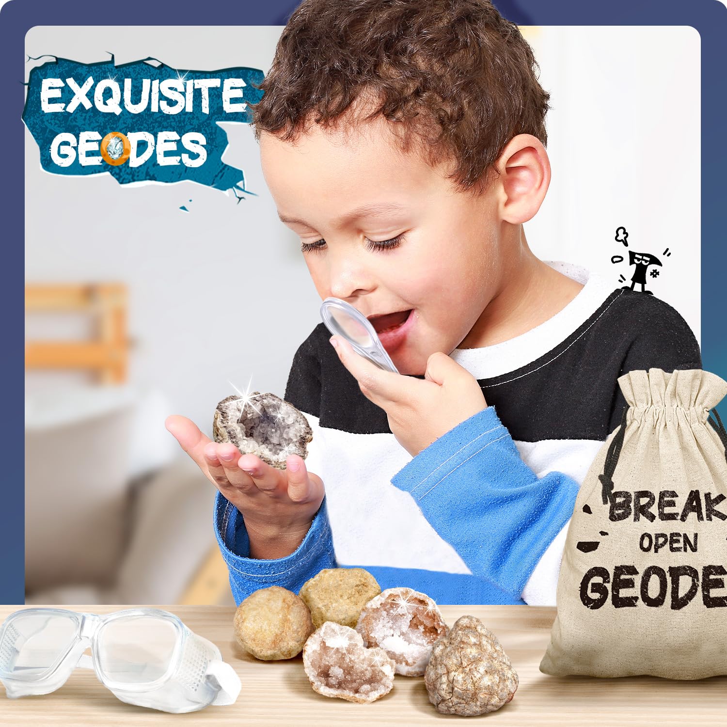 EDUMAN Geoden Zum Aufbrechen für Kinder, Natur Geoden Set in Groß und Klein, Inklusive Schutzbrille, Lupe, Aufbewahrungstasche, Geschenke für Jungen und Mädchen ab 8 Jahre - Image 3