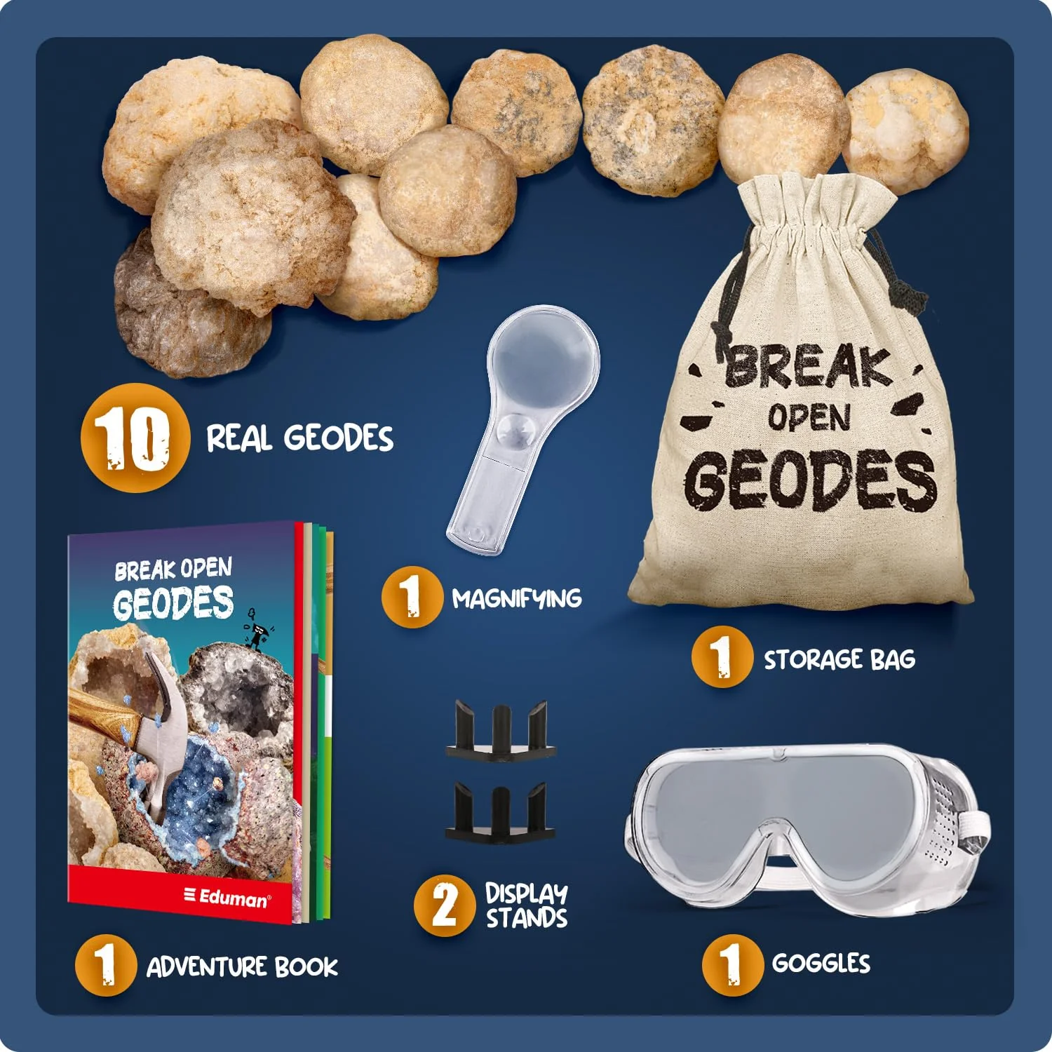 EDUMAN Geoden Zum Aufbrechen für Kinder, Natur Geoden Set in Groß und Klein, Inklusive Schutzbrille, Lupe, Aufbewahrungstasche, Geschenke für Jungen und Mädchen ab 8 Jahre - Image 7