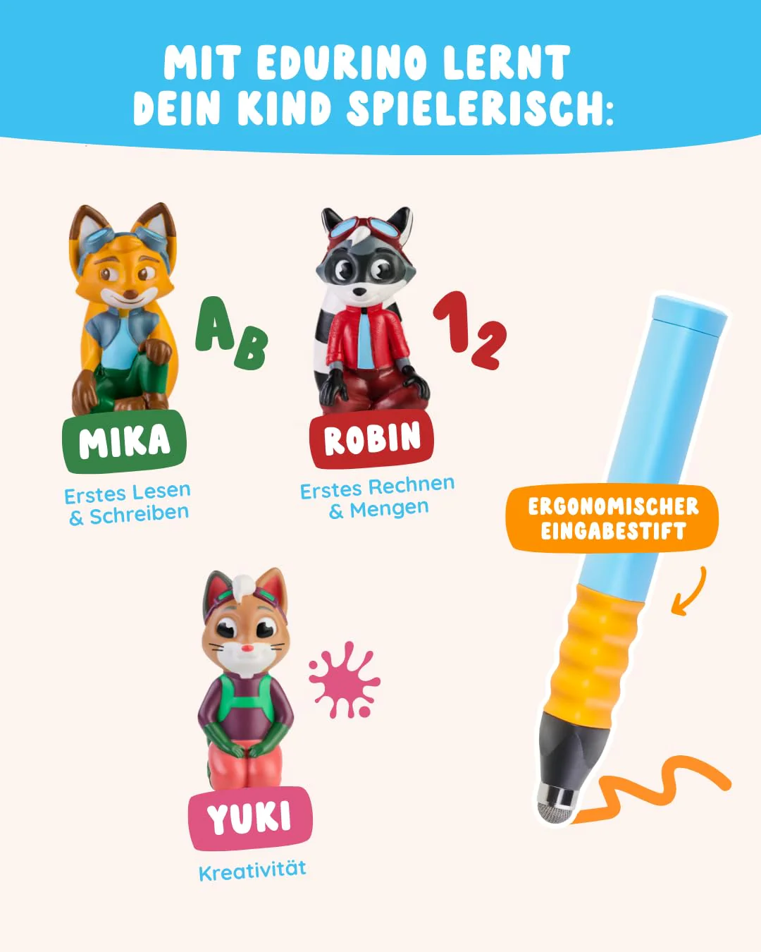 Edurino 3-in-1 Starterset | 3 Lernspiele | ab 4 Jahren | Digitales Lernspiel mit Mika Erstes Lesen & Schreiben, Robin Erste Zahlen & Mengen, Yuki Kreativität inkl. Stift - Image 5