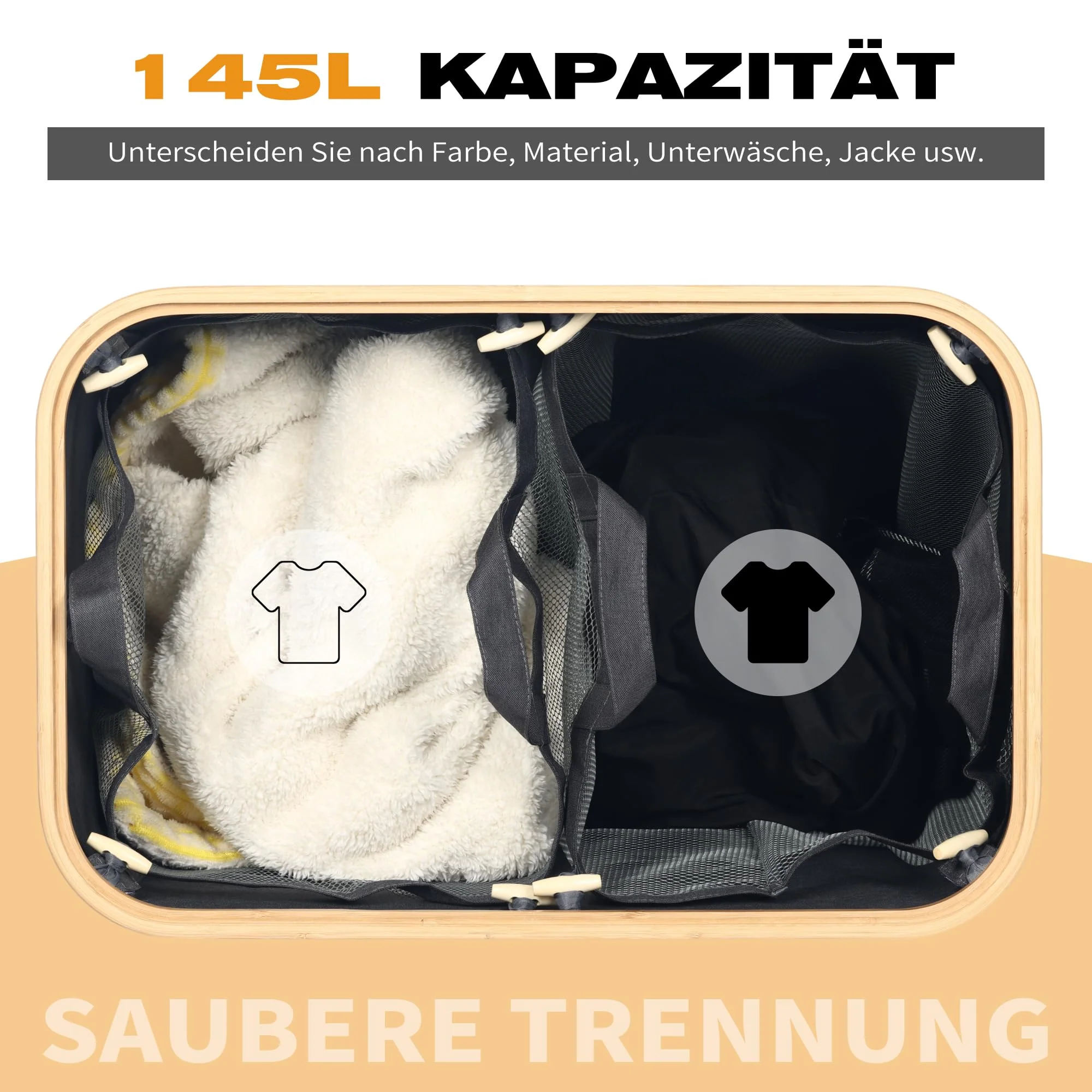 EDWINENE 145L Wäschesammler mit Deckel 2 Fächer, Faltbarer Wäschekorb XXL, Wäschebox aus Oxford-stoff für Schlafzimmer Badezimmer Waschküche ((Hellgrau) - Image 5