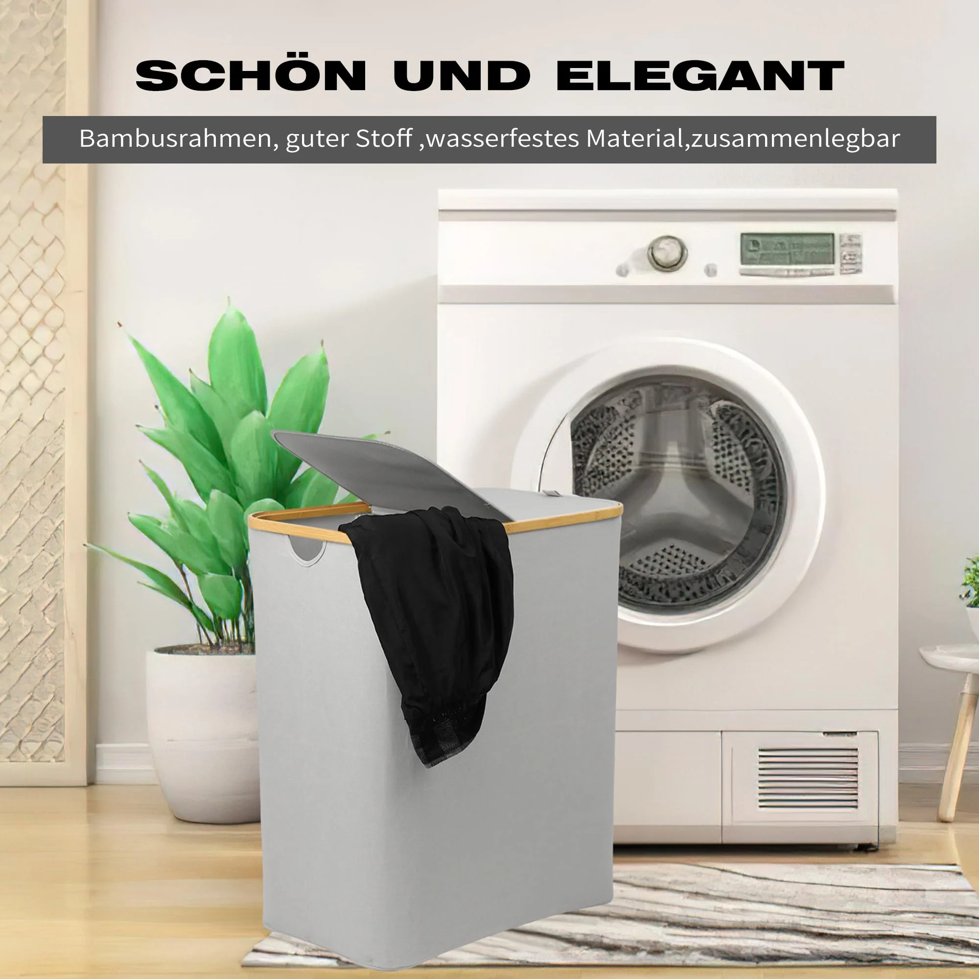 EDWINENE 145L Wäschesammler mit Deckel 2 Fächer, Faltbarer Wäschekorb XXL, Wäschebox aus Oxford-stoff für Schlafzimmer Badezimmer Waschküche ((Hellgrau) - Image 6