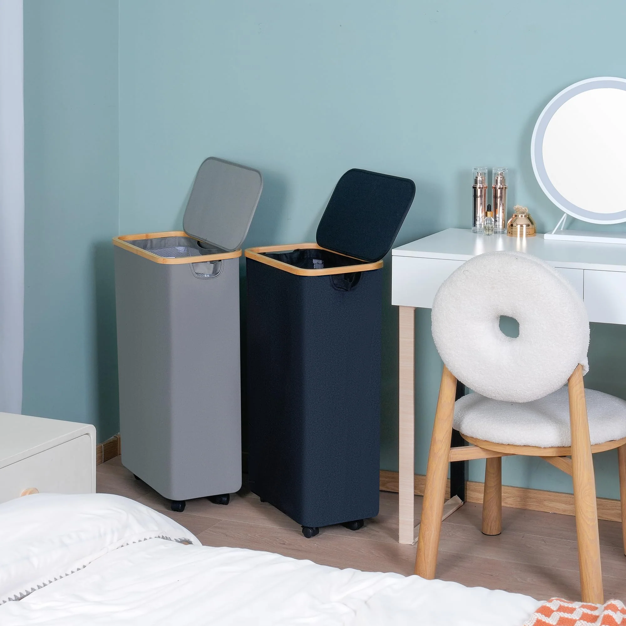 efluky 75L Wäschekorb mit Rollen, Schlanker Wäschekorb mit Deckel, Grau Faltbare Wäschebehälter mit Bambusgriffen und abnehmbarem Beutel für Schlafzimmer, Bad, Waschküche - Image 7