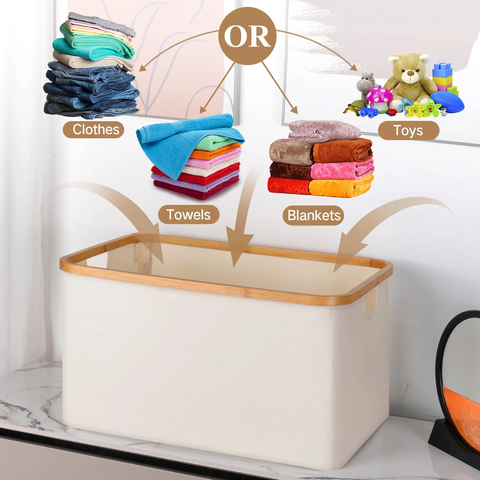 efluky Faltbarer Wäschekorb 60L, Bambus Stoff Faltbarer Storage Basket, Aufbewahrung Klappbar Wäschekorb, Laundry Baskets für Schlafzimmer Badezimmer (Beige) - Image 3