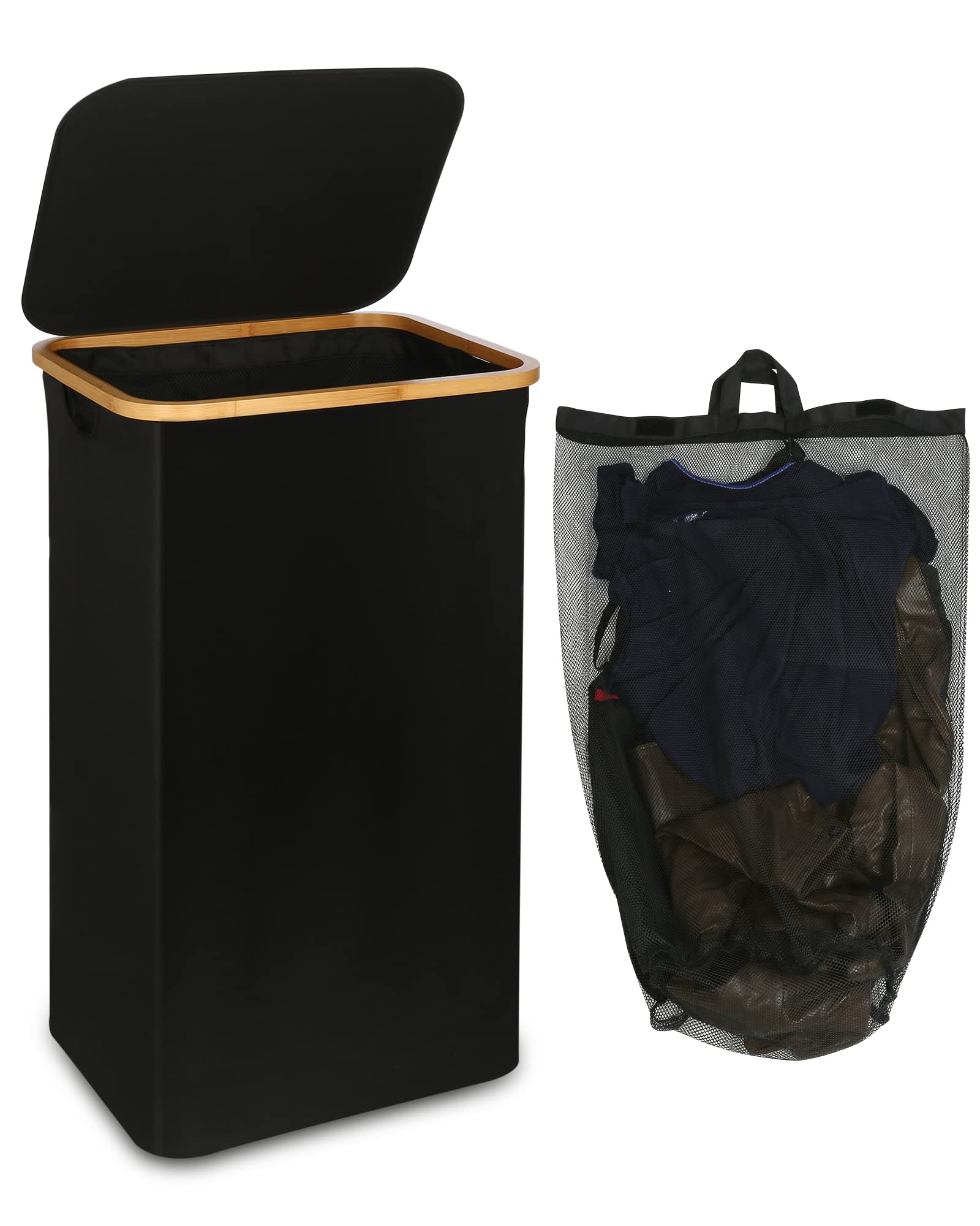 efluky Wäschekorb mit Deckel, 100 Liter hoher Wäschebox mit Bambus Henkel und Innentasche, faltbarer groß XXL Waschekorbsammler, Laundry Baskets für Schlafzimmer Badezimmer, schwarz - Image 10
