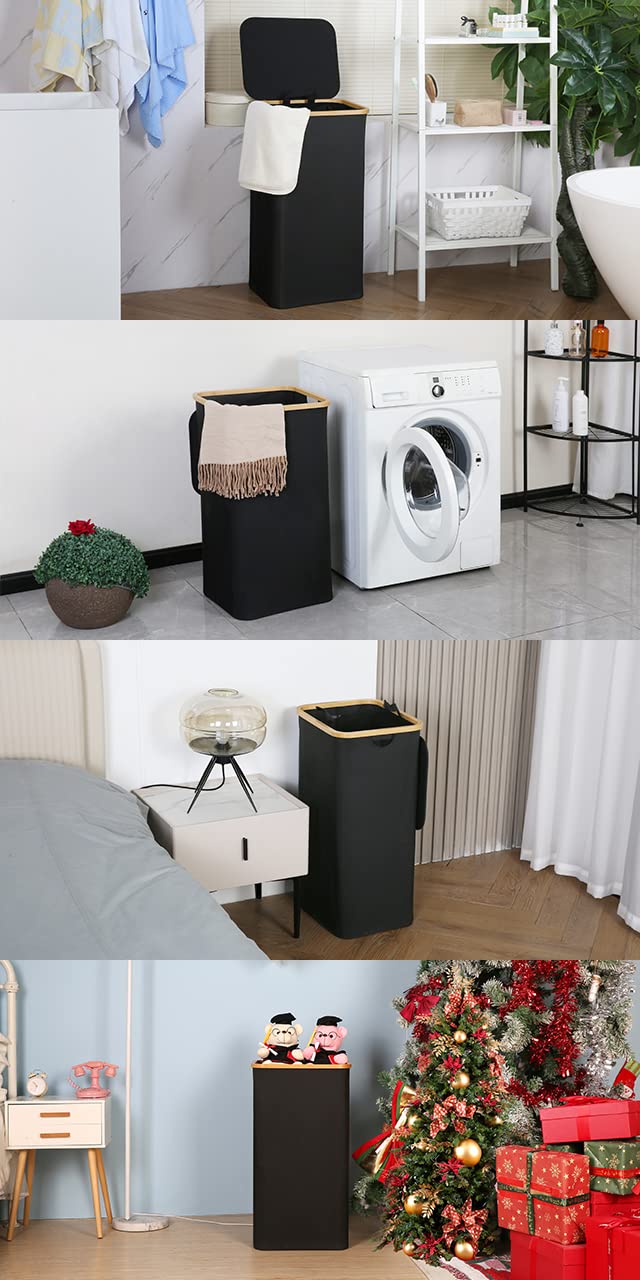efluky Wäschekorb mit Deckel, 100 Liter hoher Wäschebox mit Bambus Henkel und Innentasche, faltbarer groß XXL Waschekorbsammler, Laundry Baskets für Schlafzimmer Badezimmer, schwarz - Image 5