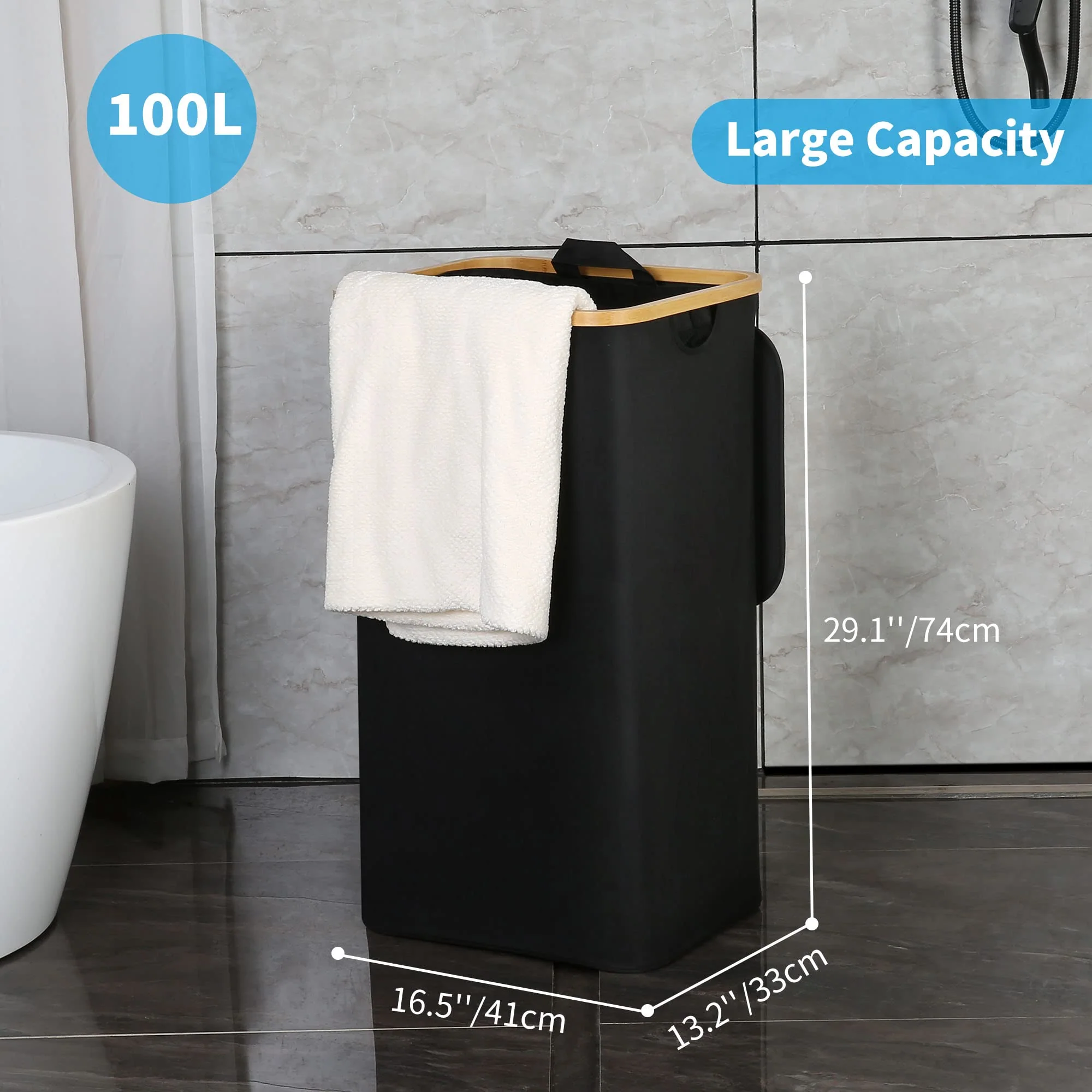 efluky Wäschekorb mit Deckel, 100 Liter hoher Wäschebox mit Bambus Henkel und Innentasche, faltbarer groß XXL Waschekorbsammler, Laundry Baskets für Schlafzimmer Badezimmer, schwarz - Image 6