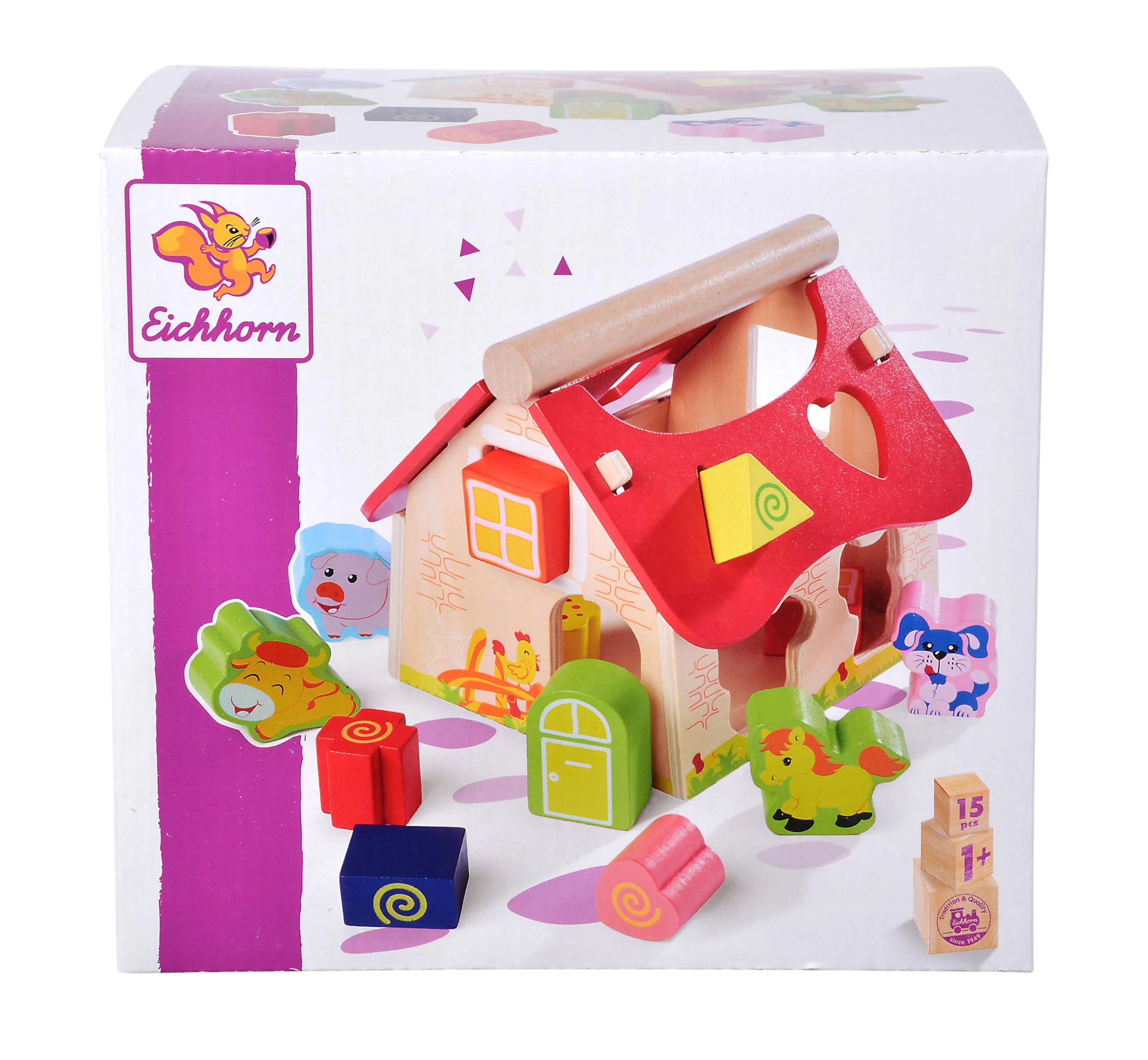 Eichhorn 100002098 Holz Steckhaus, 15-teiliges Haus aus Kiefernholz, mit 12 Steck-Bausteinen, Motorikspielzeug für Kinder ab 1 Jahr, Größe: 18 x 17,5 x 18 cm - Image 2