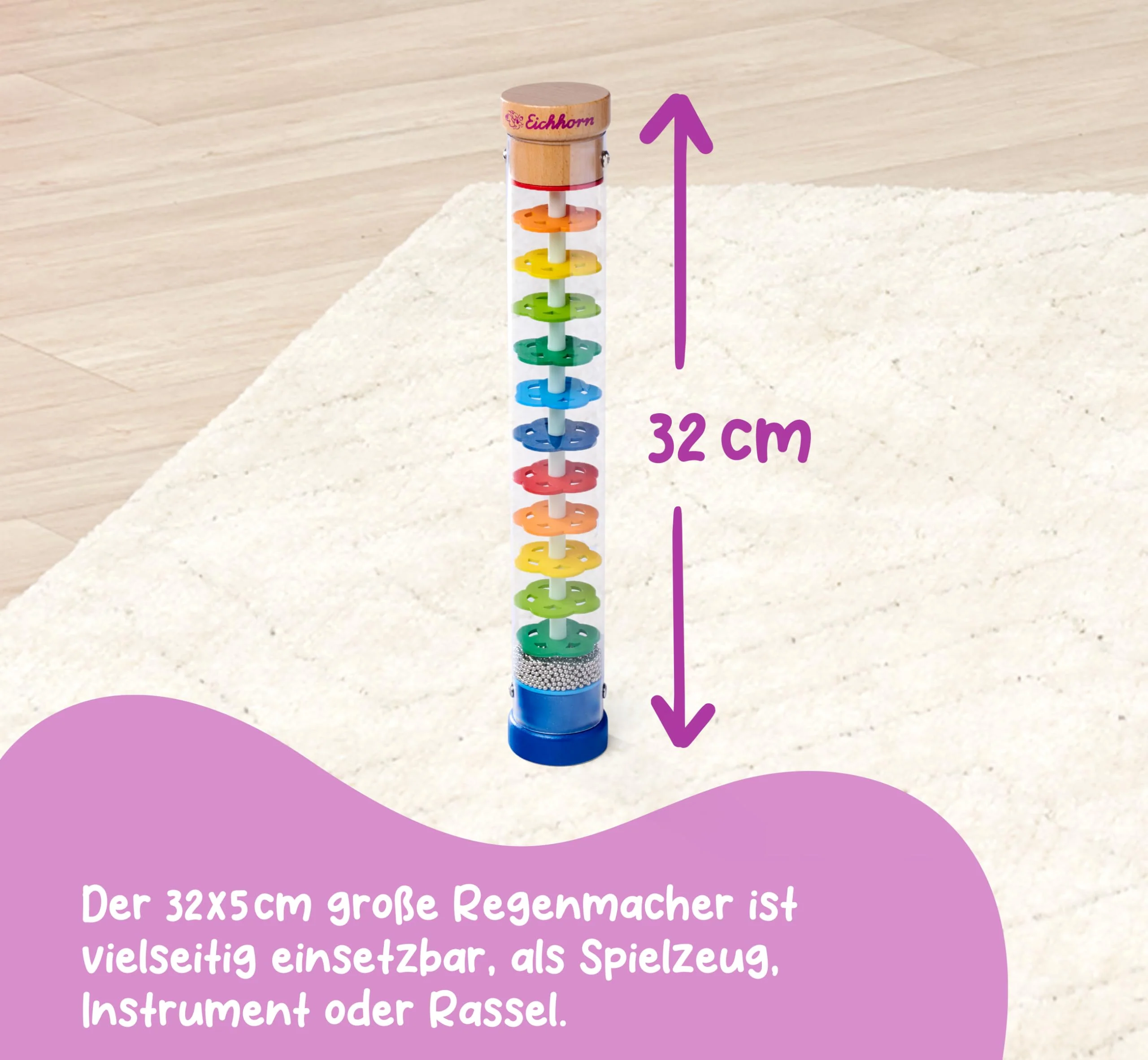 Eichhorn 100003446 - Regenmacher aus massivem Holz, Kunststoffrohr mit Metallkugeln, 32x5cm - Image 3