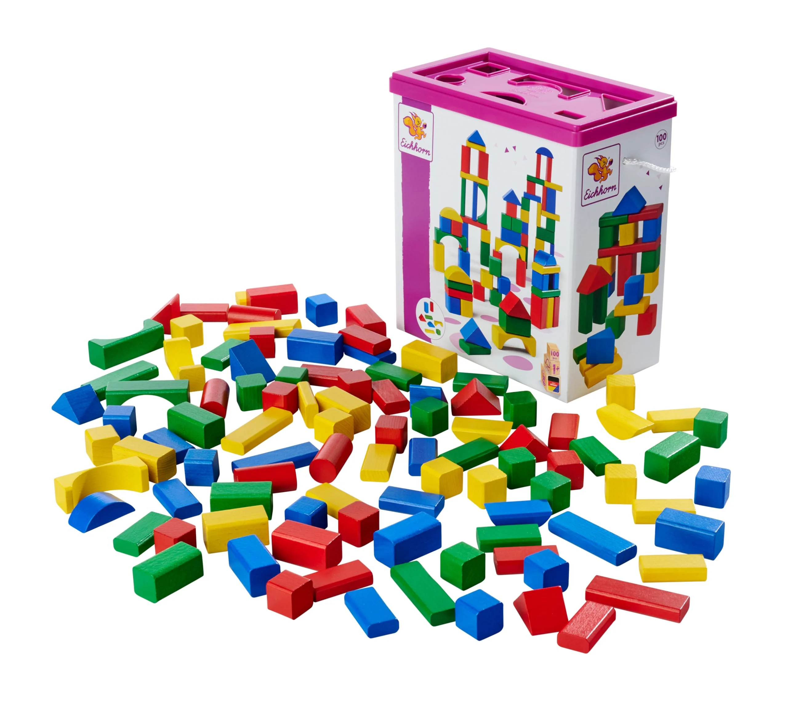 Eichhorn 100010171 100 bunte Holzbausteine in der Aufbewahrungsbox mit Kordel und Sortierdeckel, für Kinder ab 1 Jahr