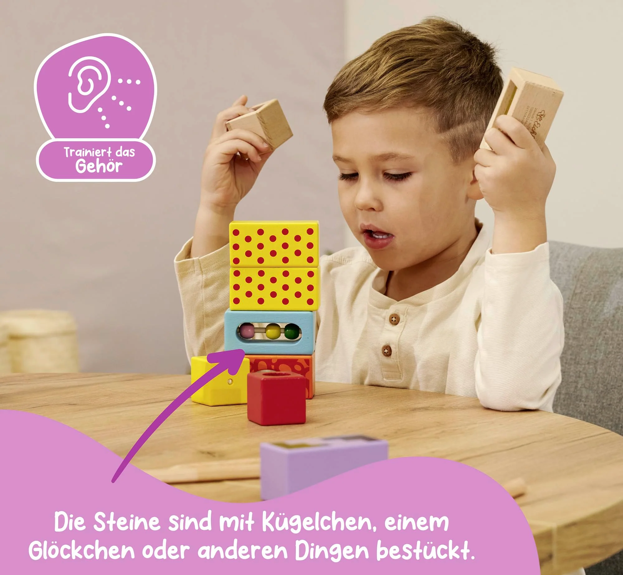 Eichhorn Klangbausteine 12 bunte Holzbausteine die Geräusche machen, für Kinder und Babys ab 12 Monaten, Holzspielzeug 100002240 Meerkleurig - Image 5