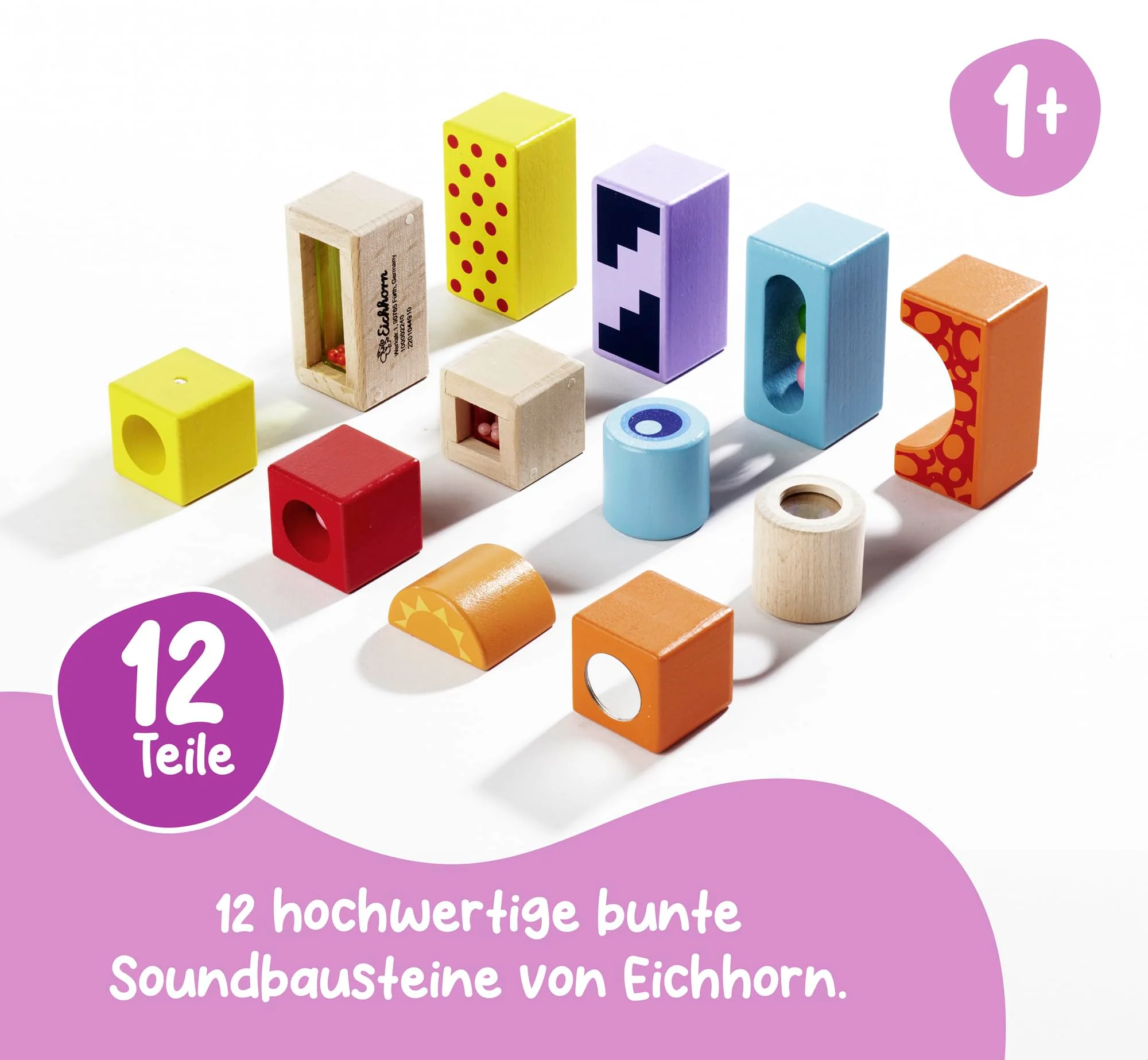 Eichhorn Klangbausteine 12 bunte Holzbausteine die Geräusche machen, für Kinder und Babys ab 12 Monaten, Holzspielzeug 100002240 Meerkleurig - Image 6