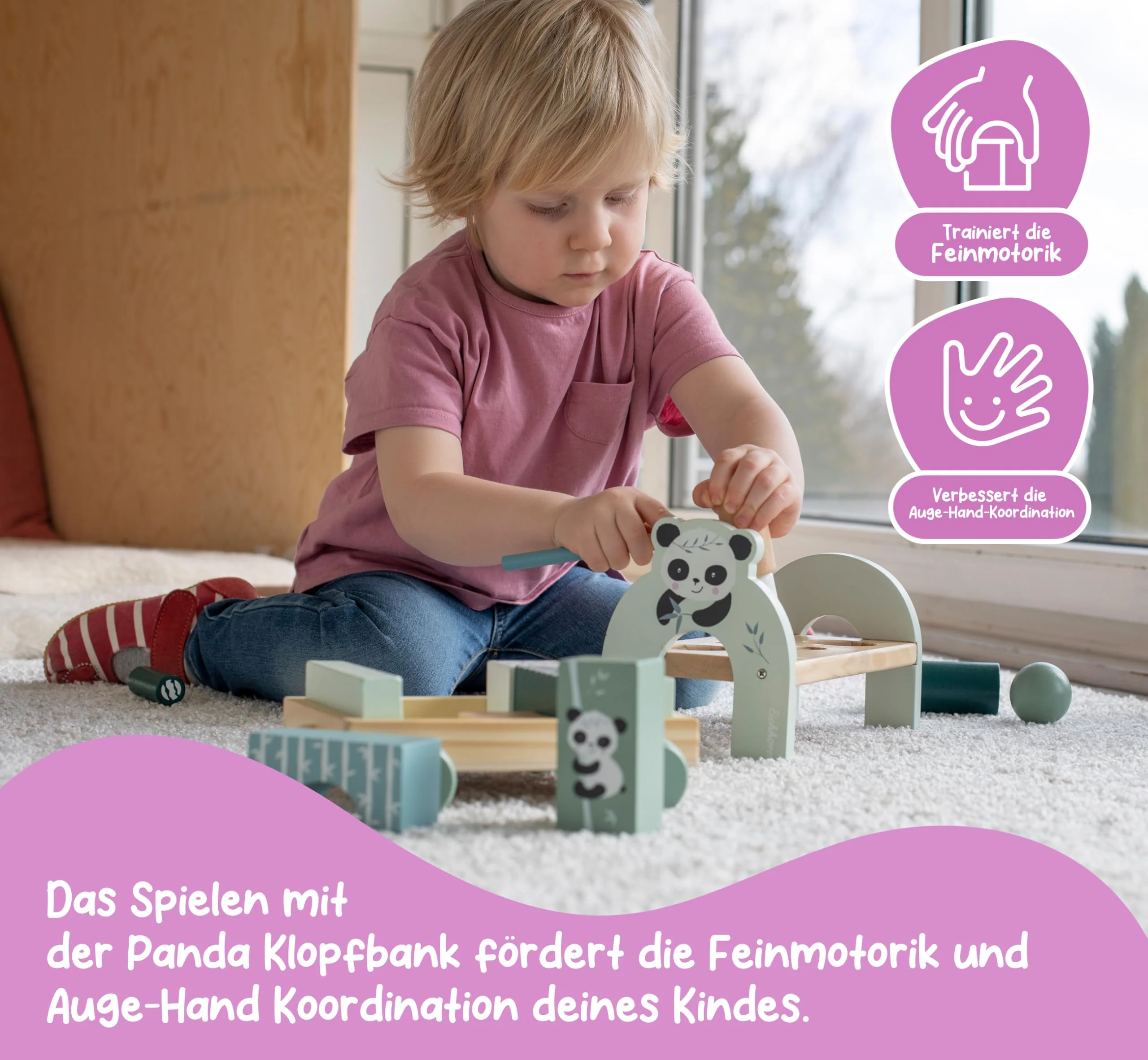 Eichhorn - Klopfbank mit 4 Klopfstiften und 2 Kugeln, inkl. Hammer, 8 teilig, 23x12,5x14,5 cm groß, aus Birkenholz, ab 1 Jahr - Image 5