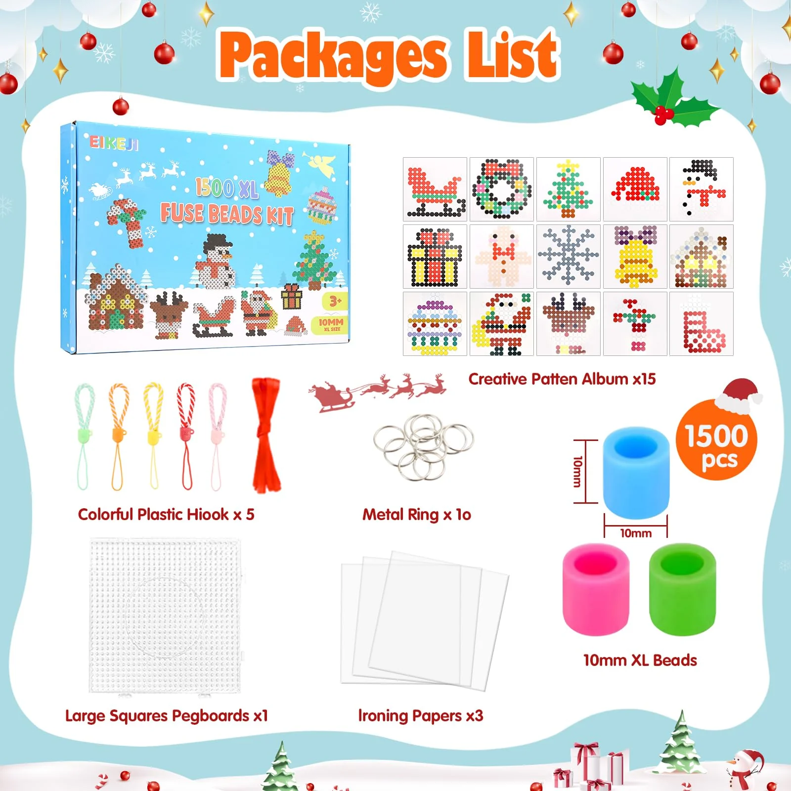EIKEJI Große 10mm Weihnachten Bügelperlen Set, 1500 Stück XL Steckperlen mit Platten, 21 Bunte Farben Maxi Bügelperlen, Kreatives Perlenset für Kinder ab 3 Jahren - Image 6