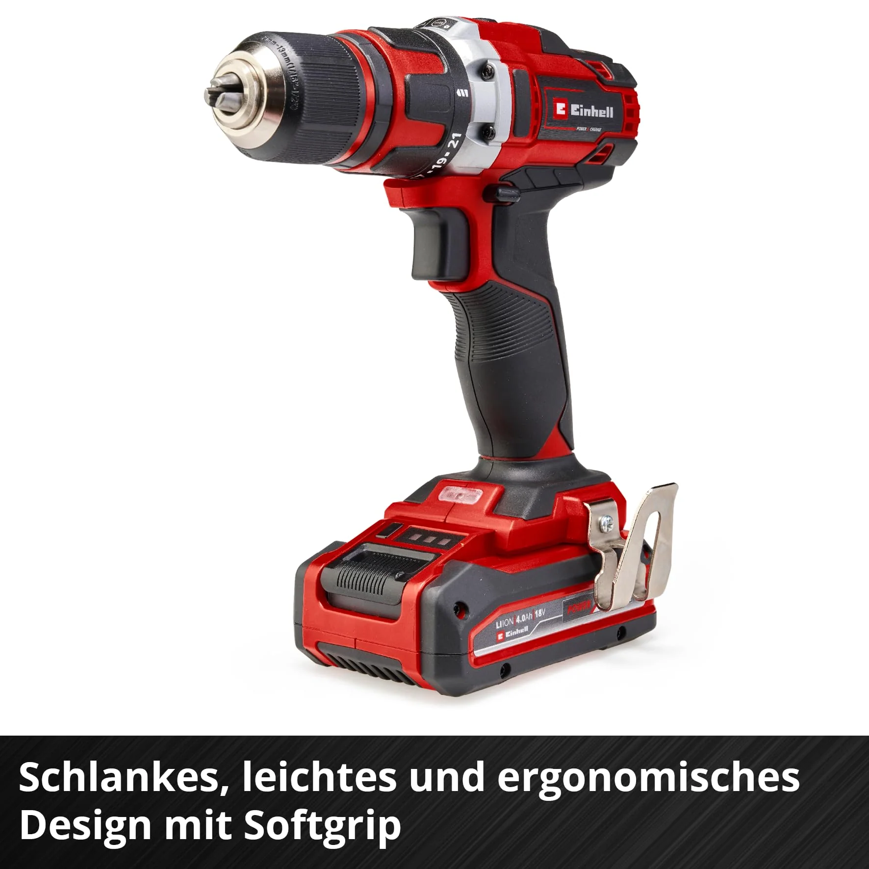 Einhell Akku-Bohrschrauber TE-CD 18/40 Li-Solo Power X-Change (Lithium-Ionen, 18 V, 40 Nm max. Drehmoment auf 21 Stufen, 2-Gang-Getriebe zum Bohren + Schrauben, Drehzahl-Elektronik, LED-Licht) - Image 6