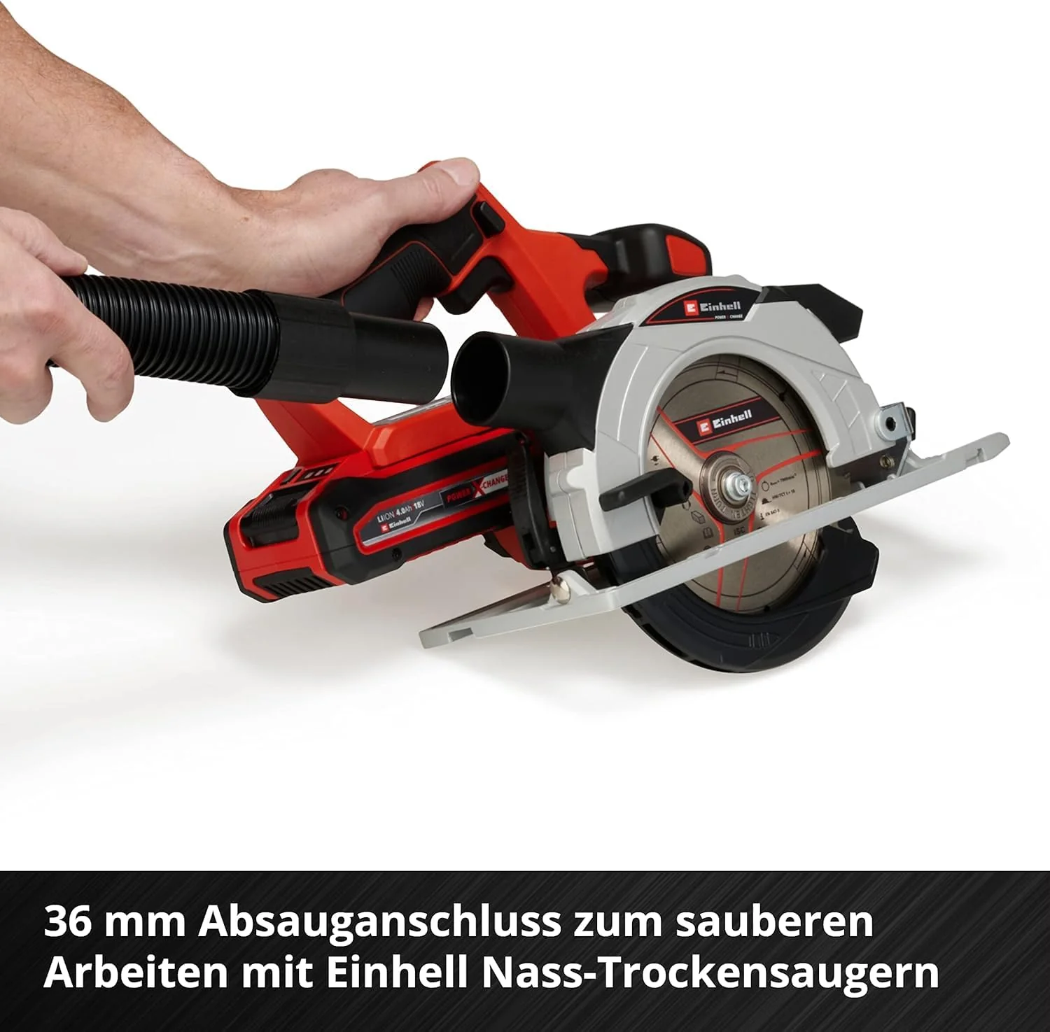 Einhell Akku-Handkreissäge TE-CS 18/150 Li-Solo Power X-Change (18 V, Li-Ion, Ø150 x Ø10 mm Sägeblatt, Schnitttiefe + Neigungswinkel werkzeuglos einstellbar, LEDs, ohne Akku und Ladegerät) - Image 3