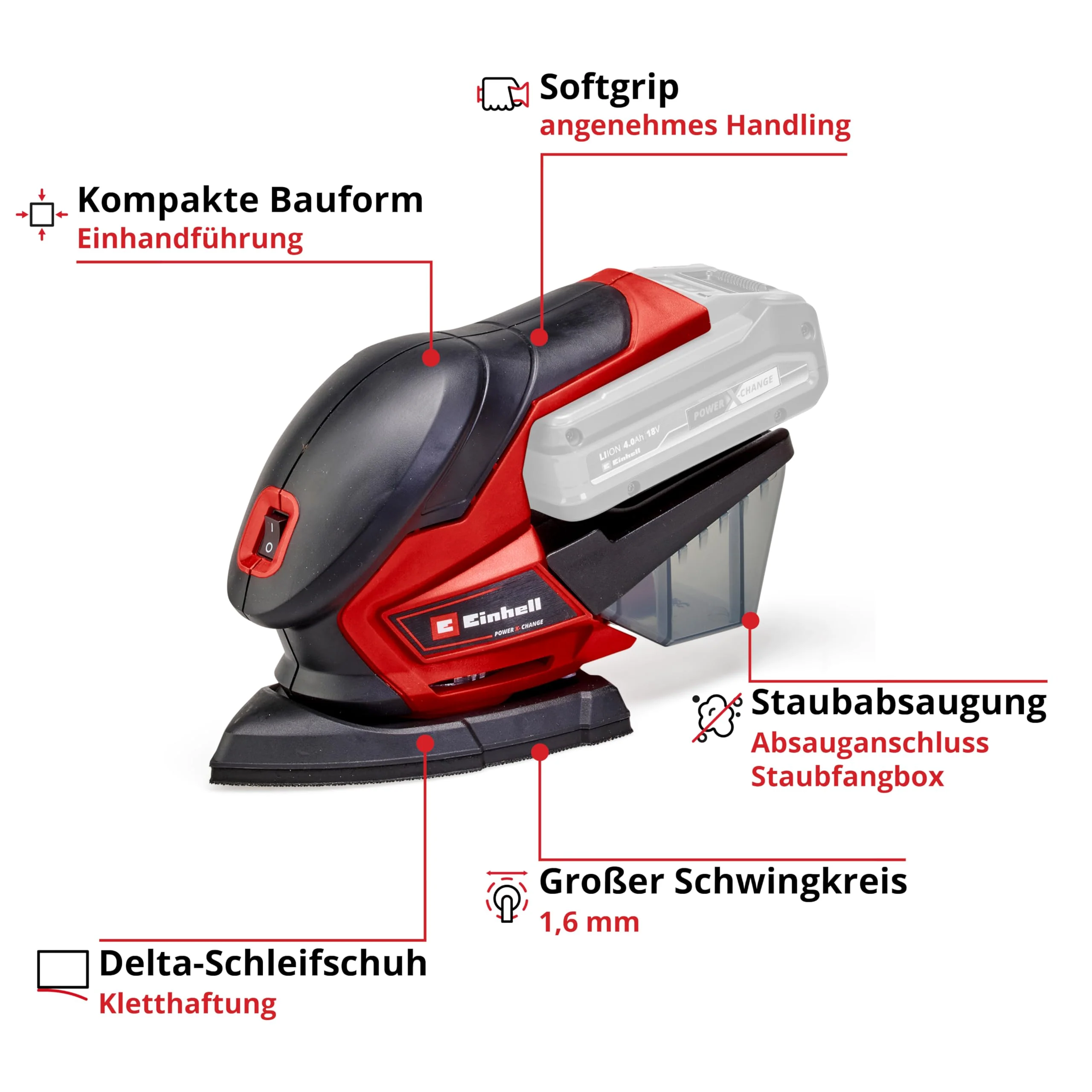 Einhell Akku-Multischleifer TE-OS 18/150 Li-Solo Power X-Change (18 V, Li-Ion, 24 000 min-1, 1.6 mm Schwingkreis, Staubfangbox, Staubabsaugadapter, ohne Akku und Ladegerät) - Image 10
