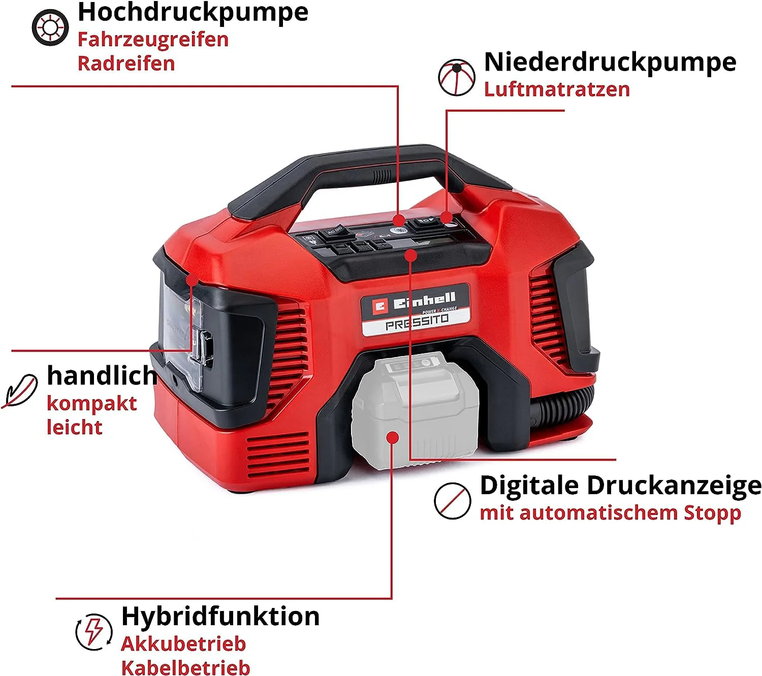 Einhell Hybrid-Kompressor PRESSITO Power X-Change (18 V, max. 11 bar, 31 cm Schlauchlänge, inkl. 3-tlg. Adapter-Set, ohne Akku) - Image 9