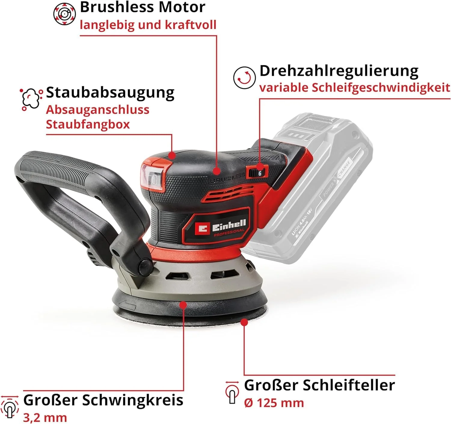 Einhell Professional Akku-Exzenterschleifer TP-RS 18/32 Li BL-Solo Power X-Change (18 V, Brushless, 3,2 mm Schwingkreis, 125 mm Schleifteller, inkl. Schleifpapier, ohne Akku) - Image 5