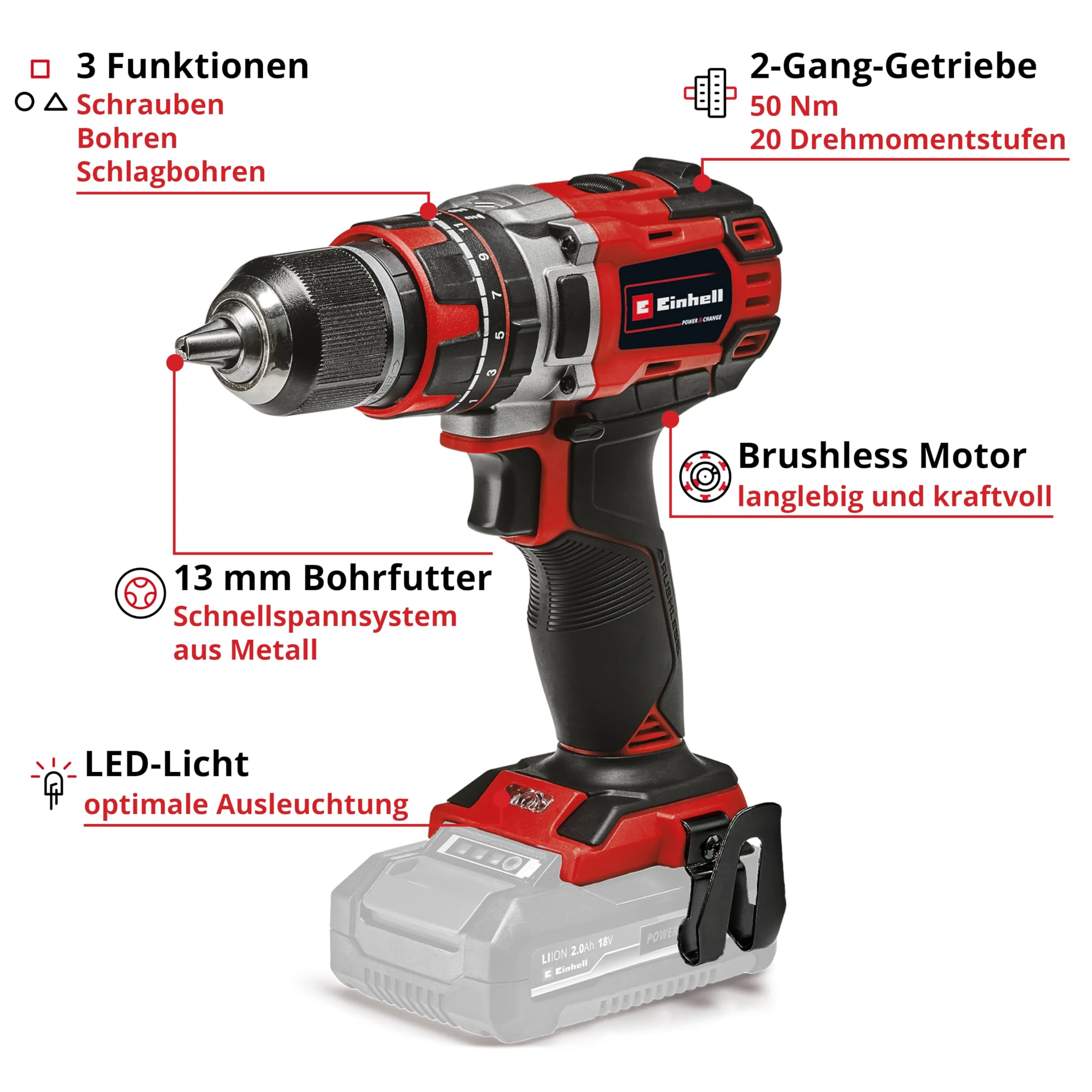 Einhell Professional Akku-Schlagbohrschrauber TP-CD 18/50 Li-i BL Solo Power X-Change (18V, Brushless, 50 Nm, Schlagbohrfunktion, 2 Gang, 13 mm Bohrfutter, ohne Akku) - Image 8