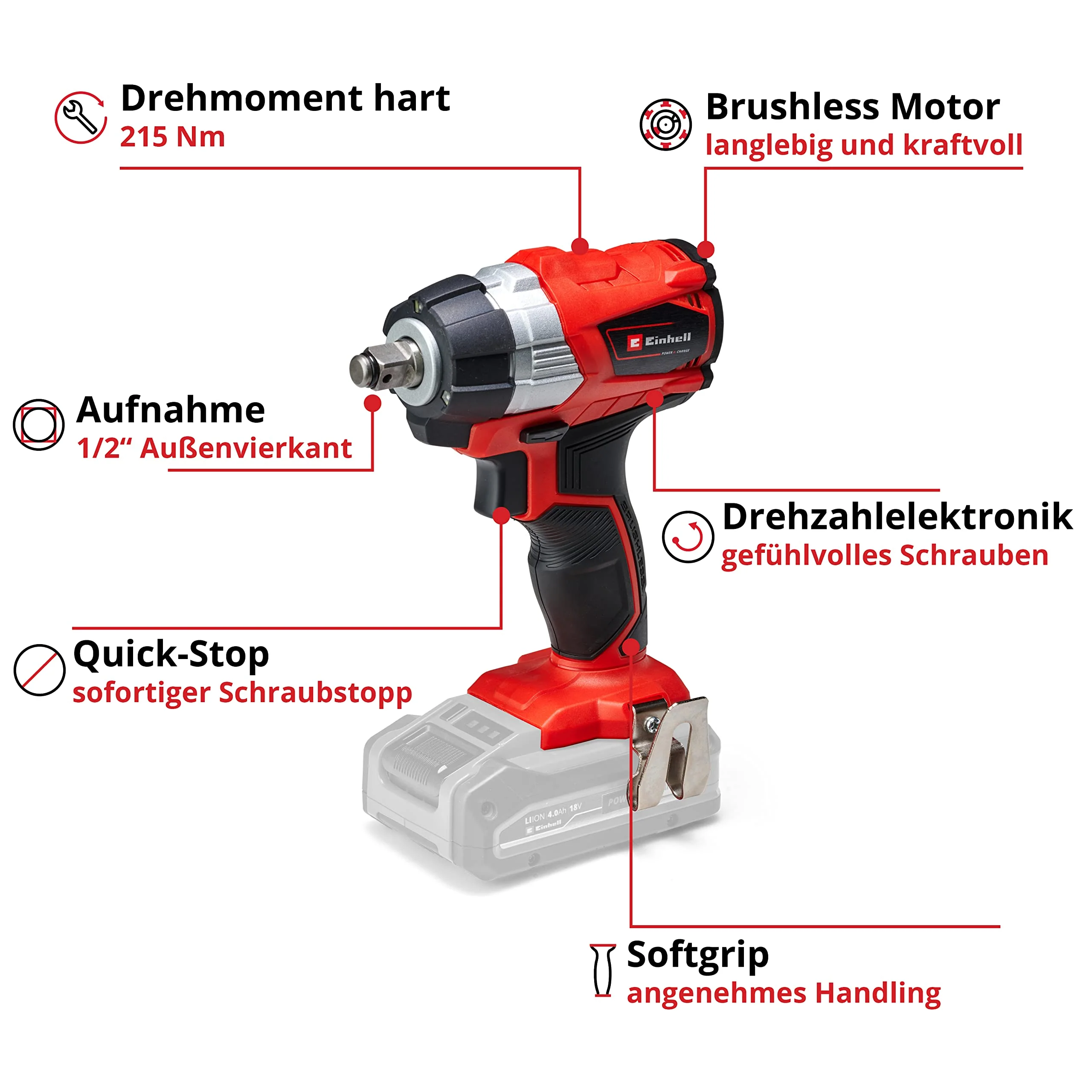 Einhell Professional Akku Schlagschrauber TP-CW 18 Li BL Solo Power X-Change (18 V, 215 Nm, Brushless, Außenvierkant-Aufnahme, Bit-Adapter, LED Licht, ohne Akku) - Image 6
