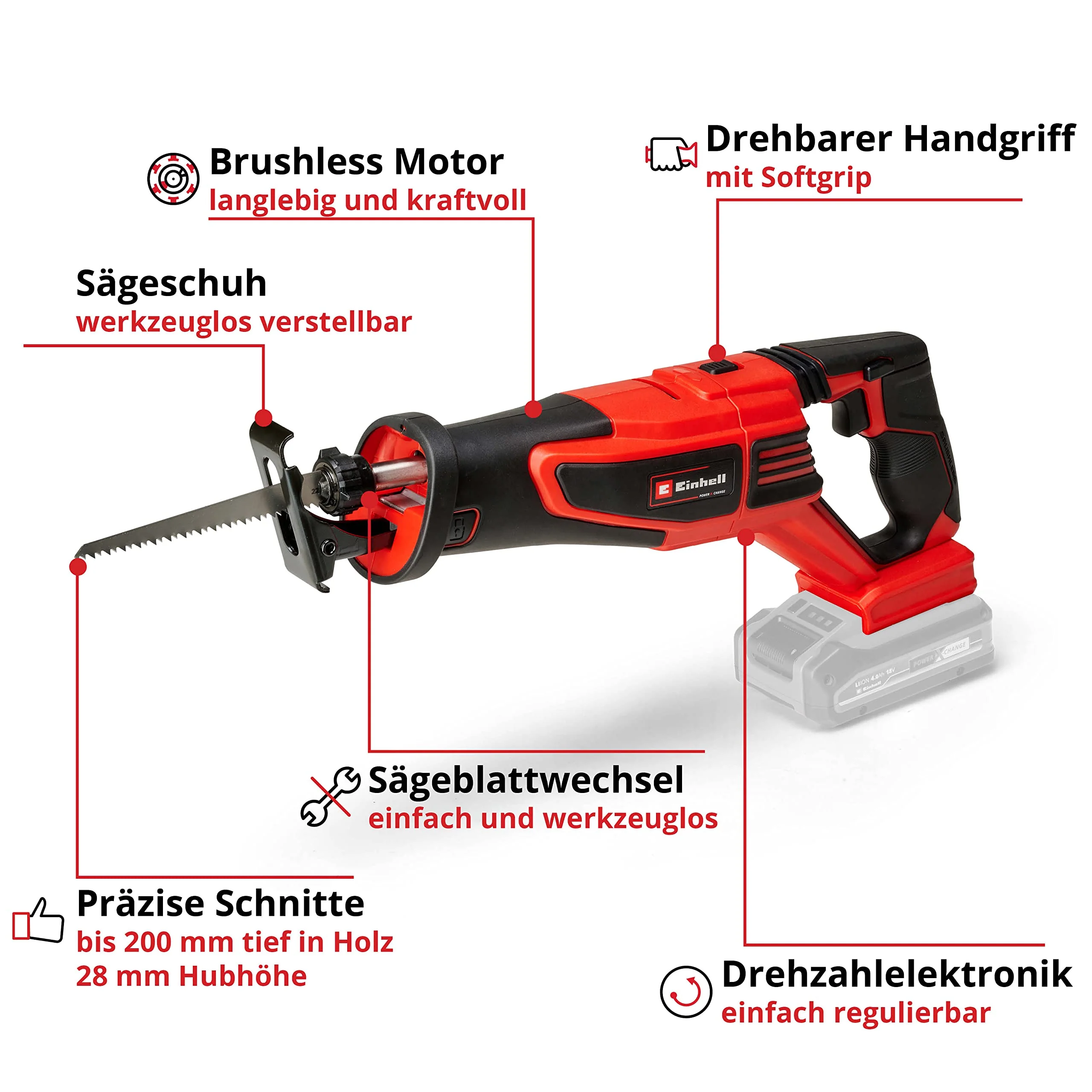 Einhell Professional Akku-Universalsäge TP-AP 18/28 Li BL-Solo Power X-Change (18 V, Brushless, 28 mm Hubhöhe, 2.500 min-1, 20 cm Schnitttiefe Holz, drehbarer Griff, ohne Akku) - Image 5