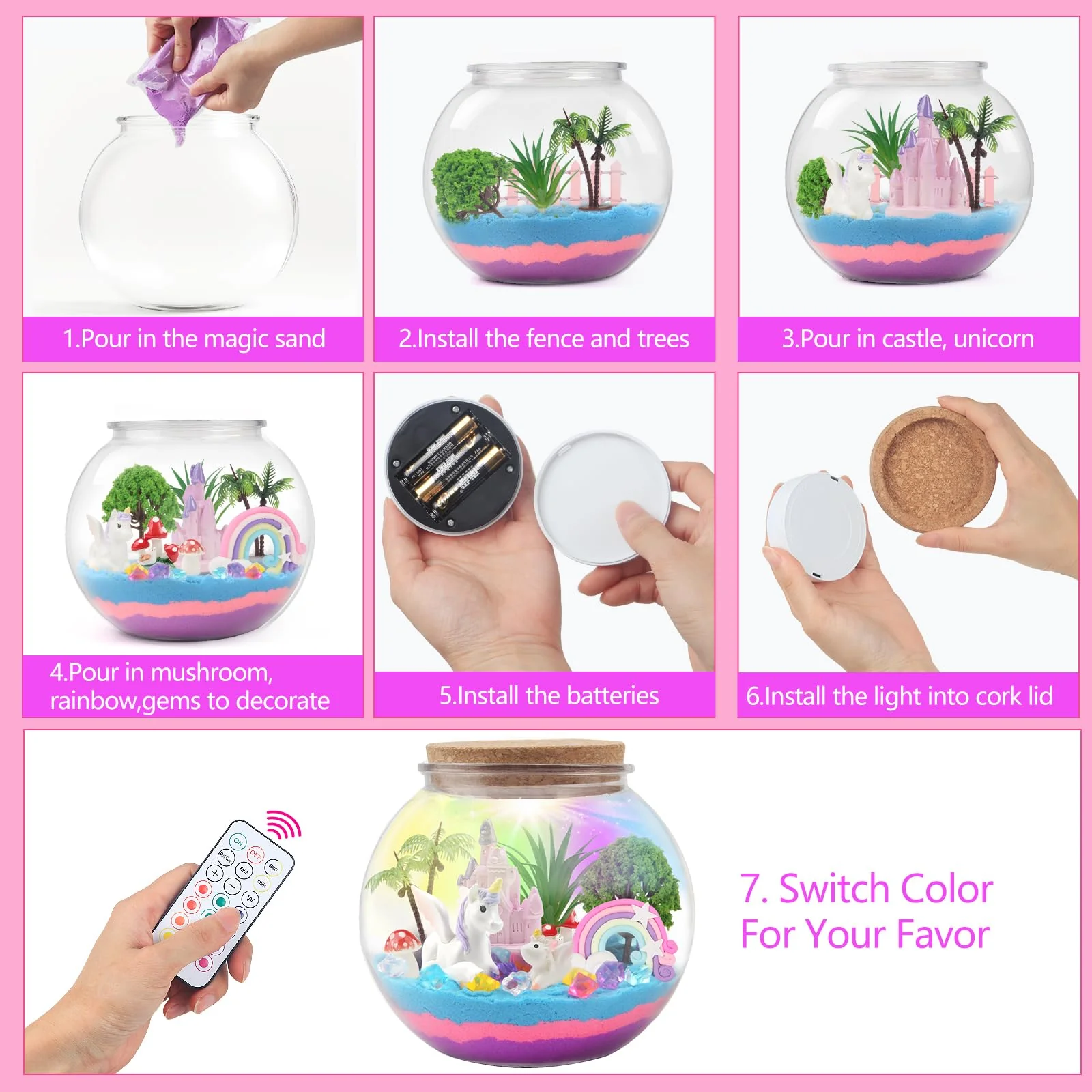 Einhorn Geschenke für Mädchen, DIY Einhorn Terrarium Bastelset mit Timing Fernbedienung und farbigen Lichtern, Nachtlicht Basteln, Wissenschaft Kit, Spielzeug für Mädchen ab 6, 7, 8+ Jahren - Image 4