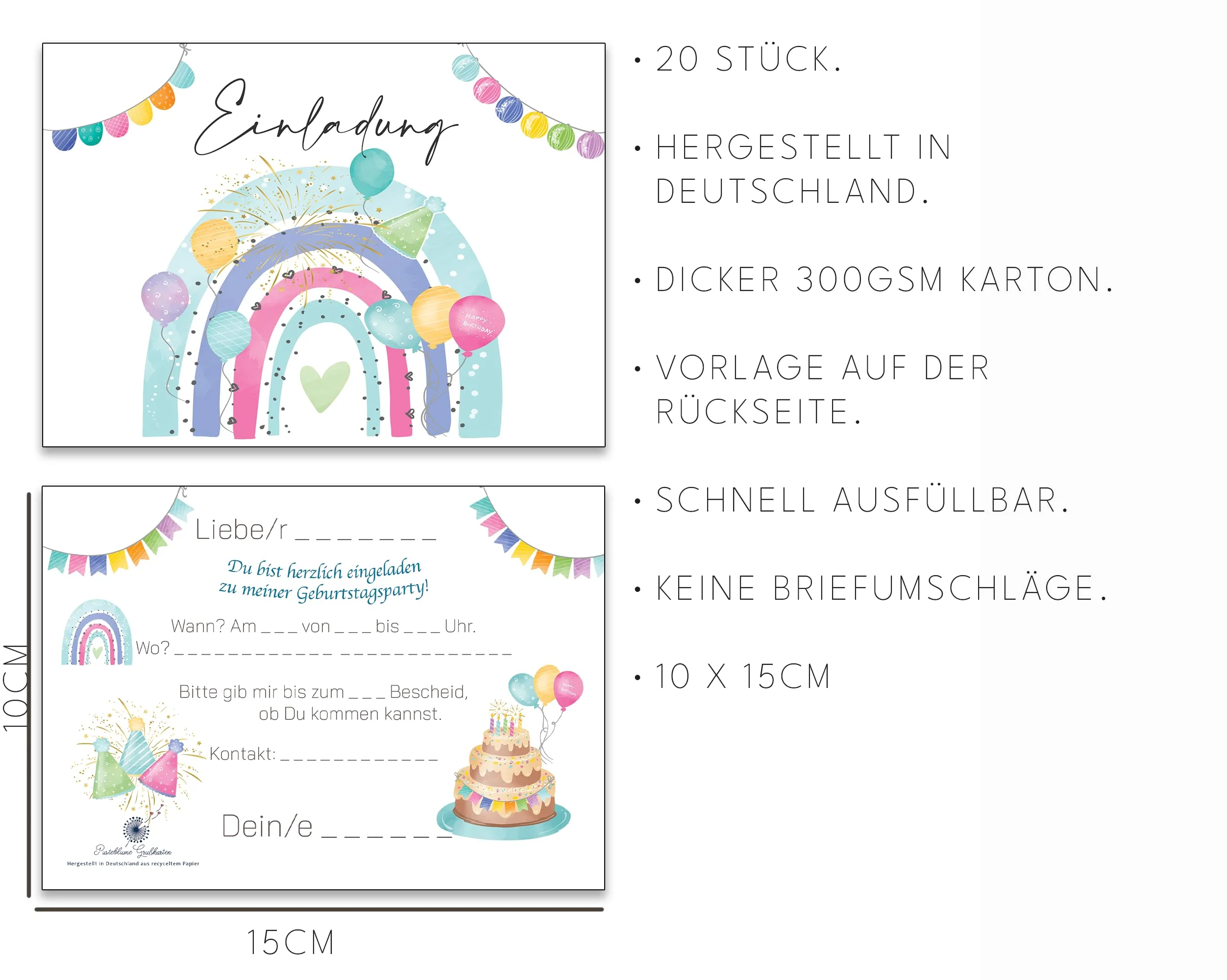 Einladungskarten Kindergeburtstag Regenbogen – 20 Stück A6 mit buntem Regenbogen-Motiv – Aus recyceltem Karton - Image 4