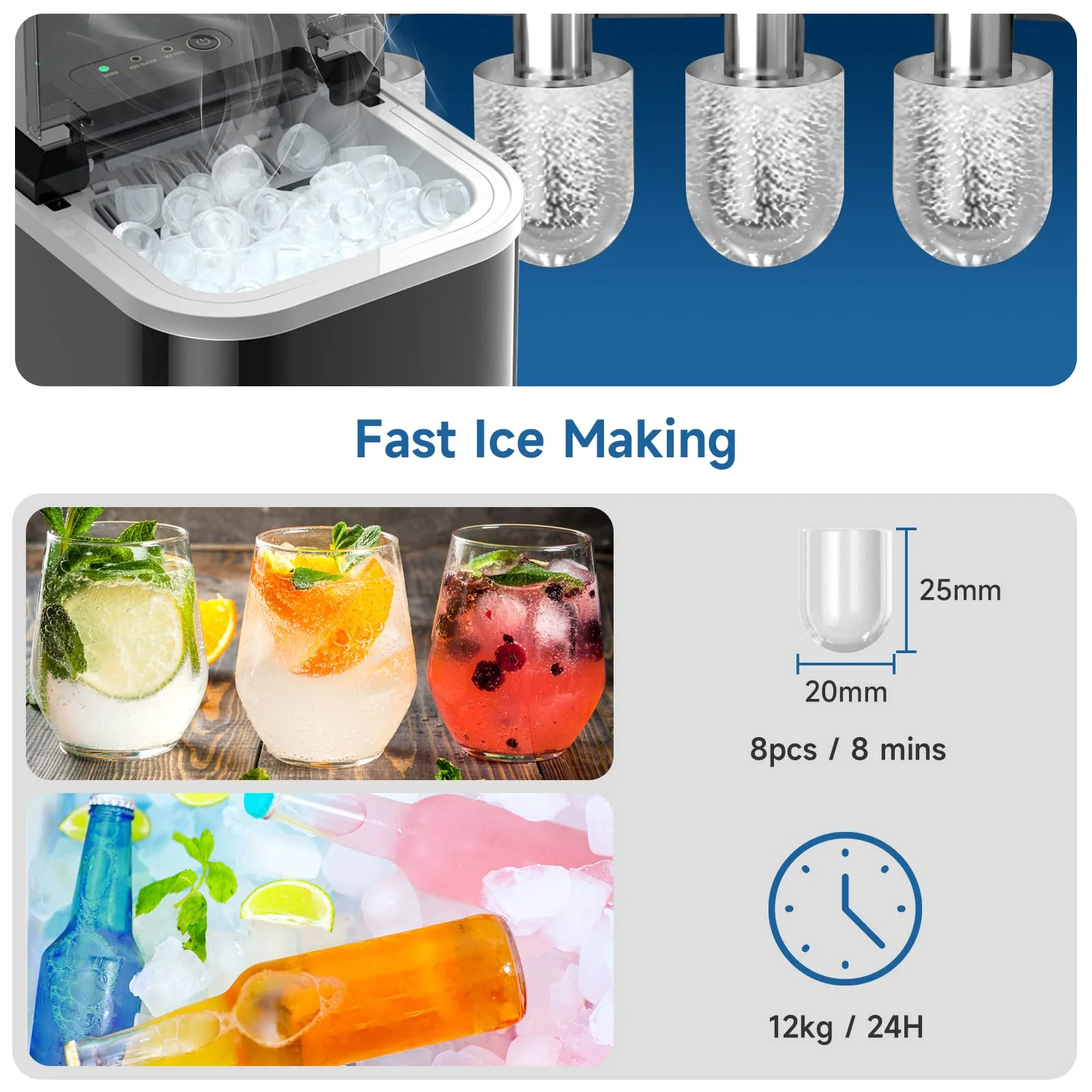 Eiswürfelmaschine, 120W Eiswürfelbereiter 8 Eiswürfel in 8-10 Minuten, 12kg/24h, LED Display Ice Maker Machine mit Infrarotsensor & Selbstreinigung - Image 4