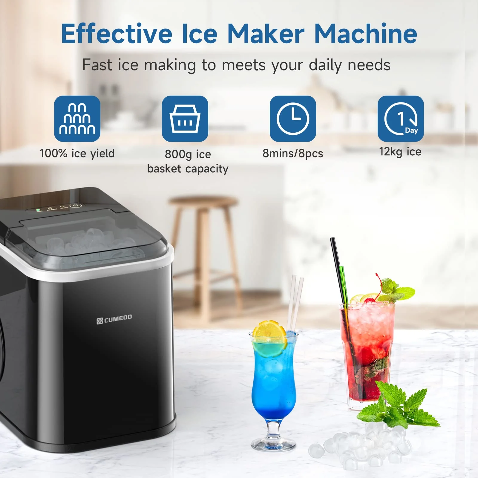 Eiswürfelmaschine, 120W Eiswürfelbereiter 8 Eiswürfel in 8-10 Minuten, 12kg/24h, LED Display Ice Maker Machine mit Infrarotsensor & Selbstreinigung - Image 8