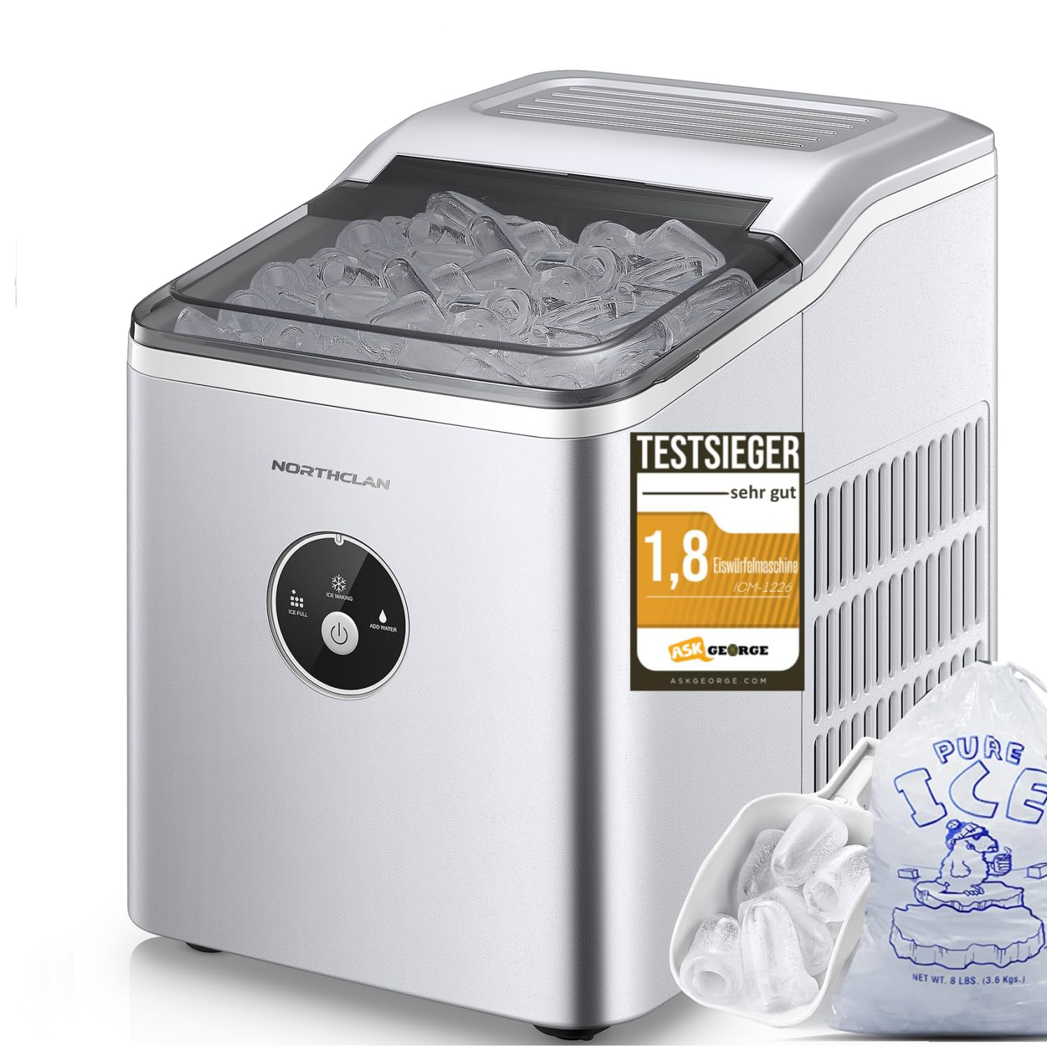 Eiswürfelmaschine Testsieger 2024, 14 kg 24 Stunden, 9 Eiswürfel in 6-8 Minuten, Gerauscharmer Betrieb, 120W Ice Maker mit Schaufel u. Korb, Eiswürfelbereiter für Zuhause, Büro (Silber) - Image 4