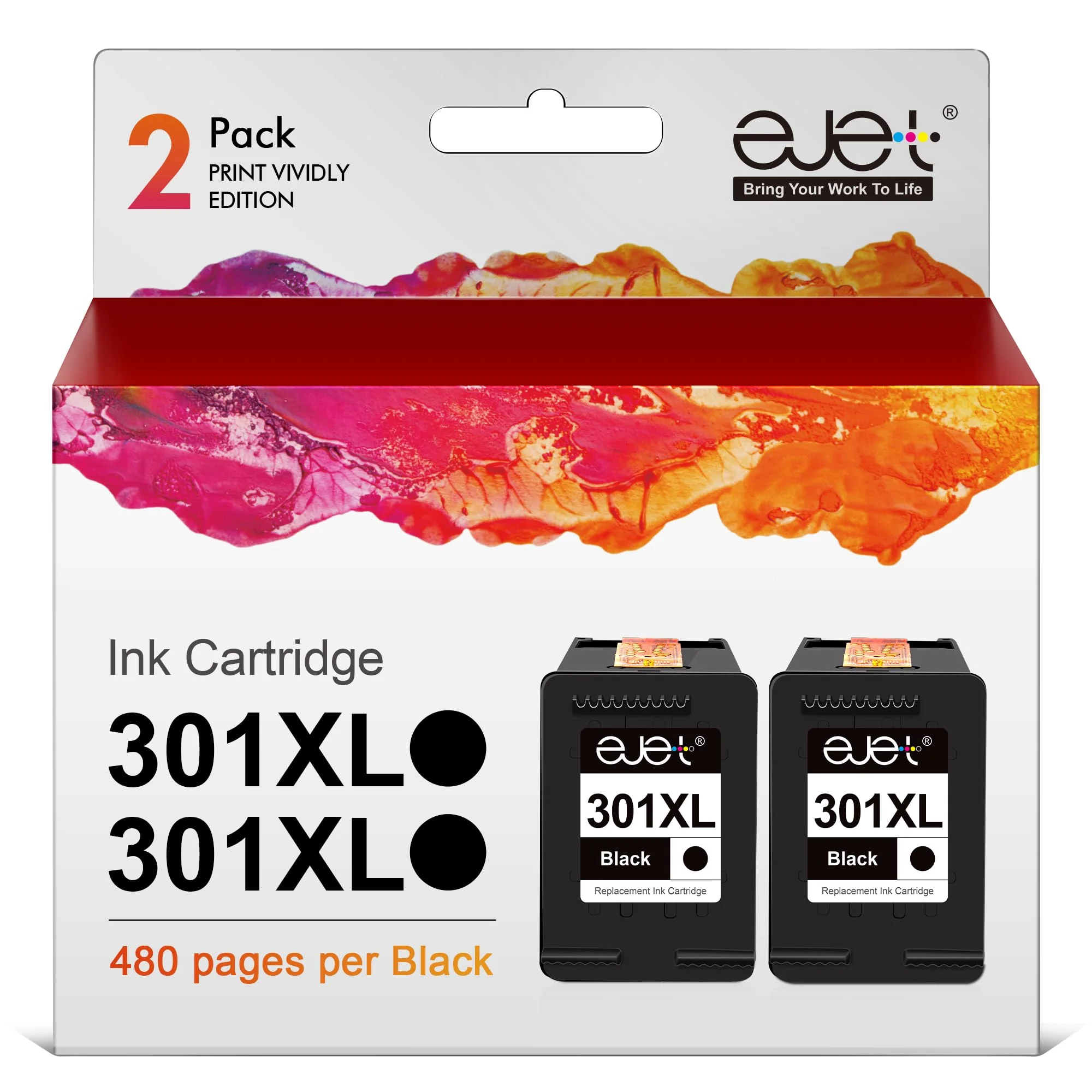 ejet 301XL 301 XL Druckerpatronen Kompatibel für HP 301 XL 301XL Patronen für HP Deskjet 1000 1050 1510 2050 2050A 2540 3050 Officejet 2620 2622 4630 4632 Envy 4500 5530 (2er-Pack Schwarz) - Image 2