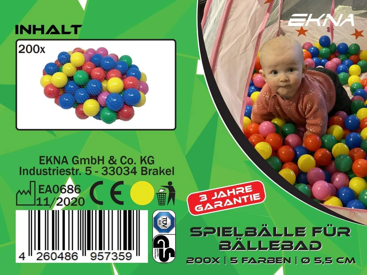 EKNA Spielbälle Ø 5,5cm - Bällebad Bälle 200 Stück - Bunte Auswahl für Bällebad-Pool - Plastikbälle Baby-Bälle Farben Hellgrün Hellblau Gelb Rosa Weiß Lila - Image 3