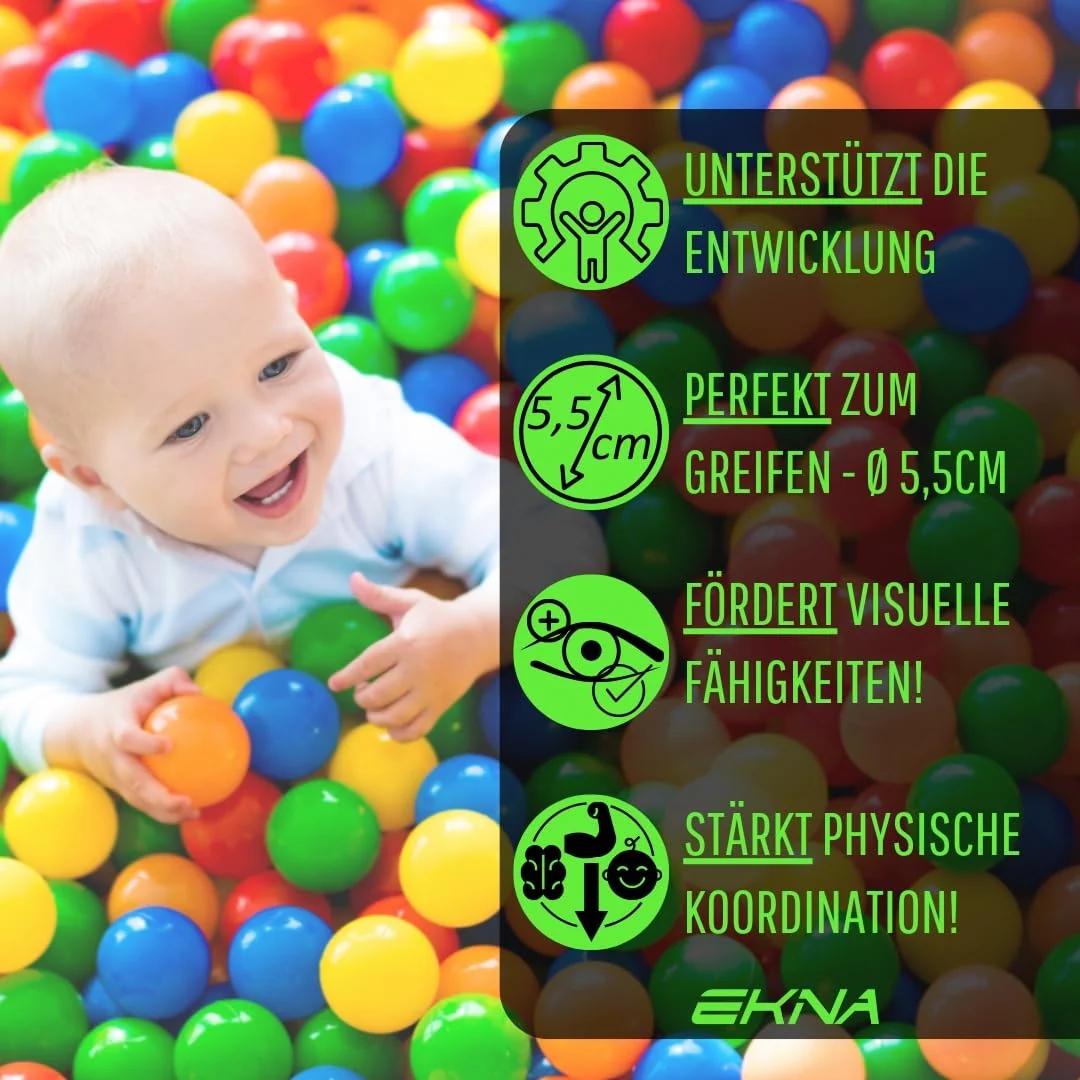 EKNA Spielbälle Ø 5,5cm - Bällebad Bälle 200 Stück - Bunte Auswahl für Bällebad-Pool - Plastikbälle Baby-Bälle Farben Hellgrün Hellblau Gelb Rosa Weiß Lila - Image 9