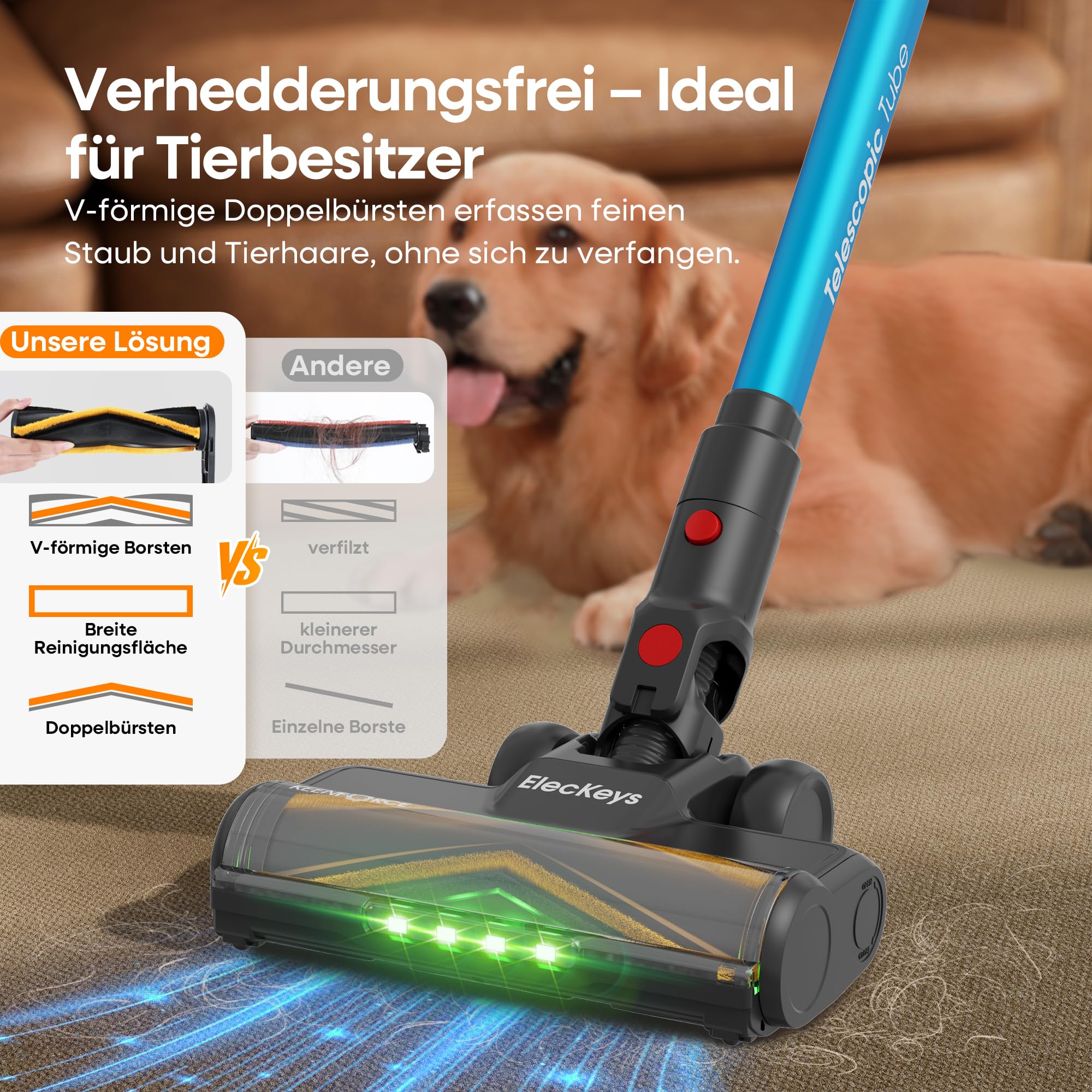 ElecKeys Akku Staubsauger 50000Pa/600W/70Min, Staubsauger Kabellos mit LED Display, 1,8L Akkustaubsauger mit Anti-Tangle-Bürste, Selbststehend für Tierhaare Teppiche Hartböden Auto, Blau, K10 - Image 7