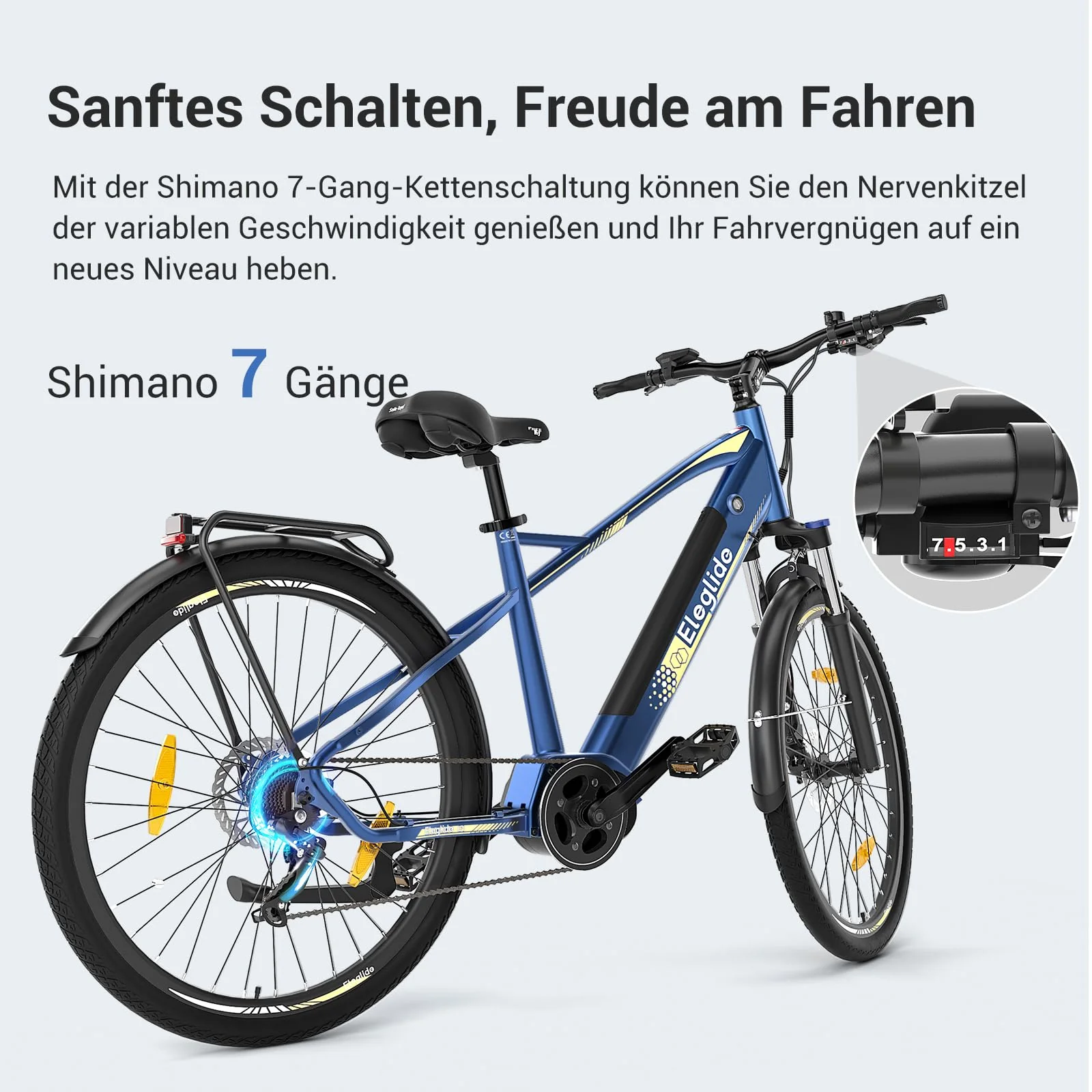 Eleglide C1/C1 ST E Bike mit Mittelmotor, 27,5 Zoll 70 Nm Elektrofahrrad für Damen und Herren, 250W E-Bike, 14,5 Ah Lithium-Akku, Shimano 7 Gänge Trekking Ebike, cityräder 25km/h bis zu 150KM (C1) - Image 8