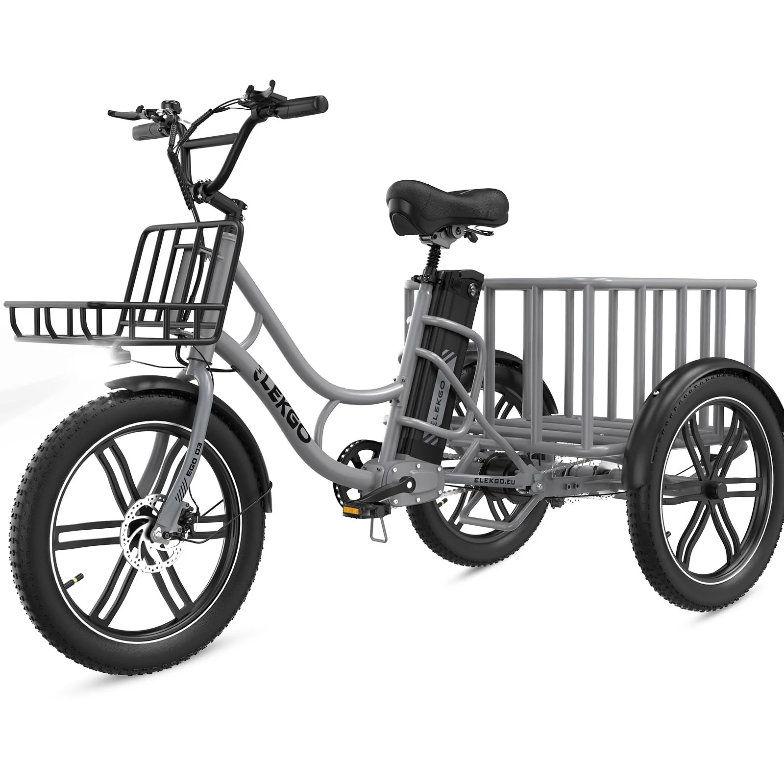 ELEKGO 20 Zoll E Bike Dreirad, 48V 18AH abnehmbare Batterie Tragfähigkeit 200 KG, Fettreifen + hinterer Gepäckkorb und Scheinwerfer, Lastenfahrrad, Elektro-Dreirad für Reichweite bis zu 40-60Km (GARY)