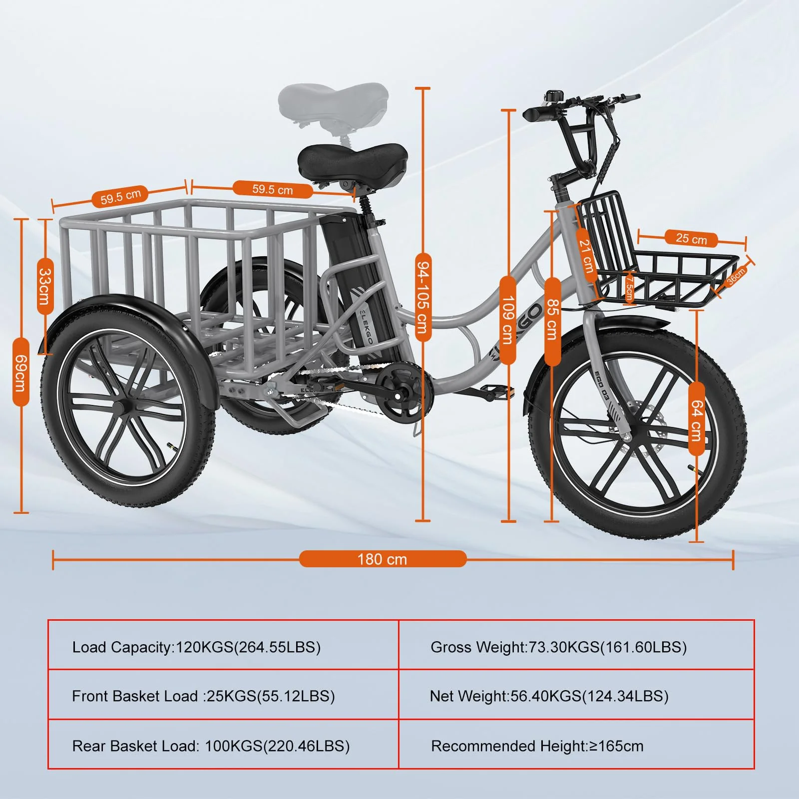 ELEKGO 20 Zoll E Bike Dreirad, 48V 18AH abnehmbare Batterie Tragfähigkeit 200 KG, Fettreifen + hinterer Gepäckkorb und Scheinwerfer, Lastenfahrrad, Elektro-Dreirad für Reichweite bis zu 40-60Km (GARY) - Image 2