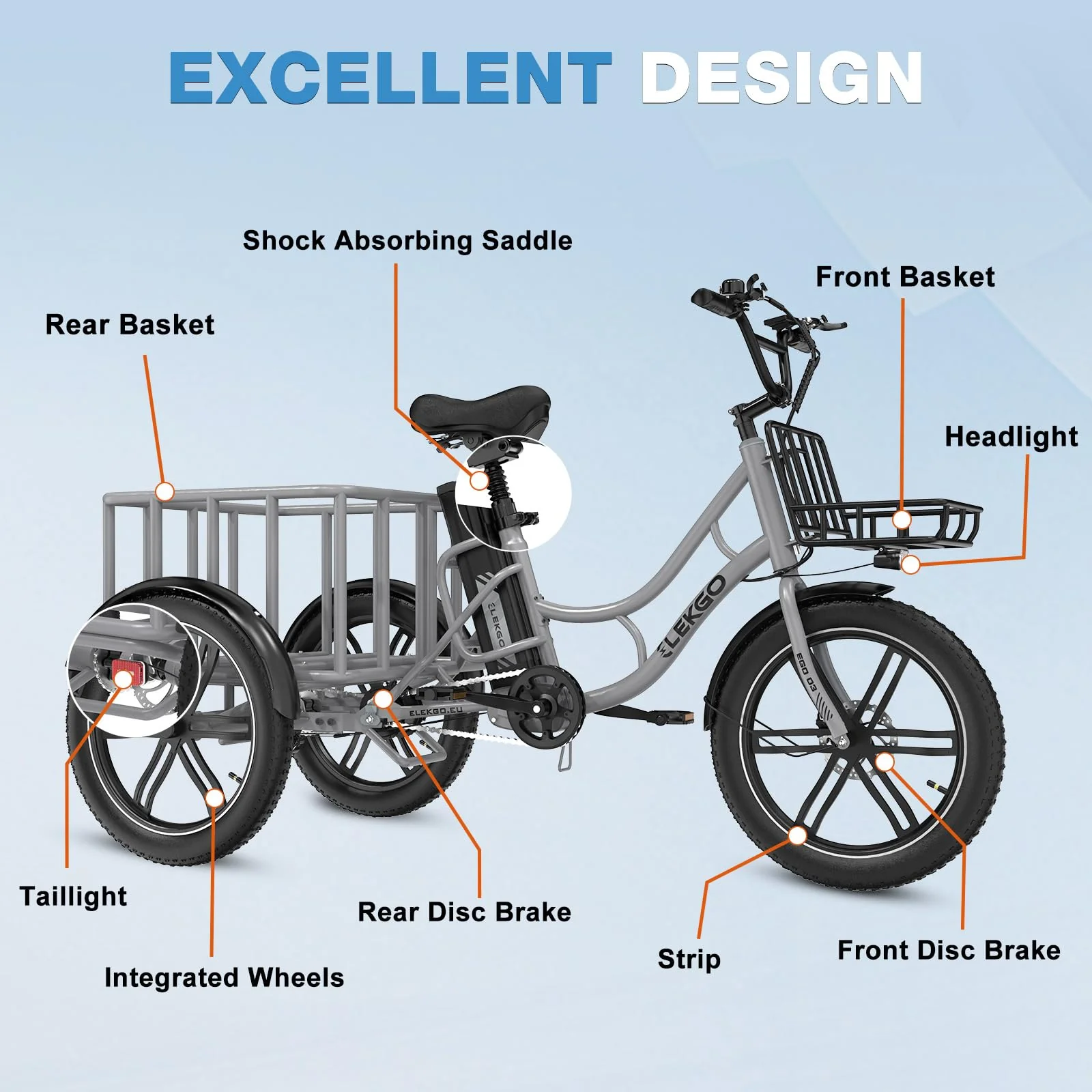 ELEKGO 20 Zoll E Bike Dreirad, 48V 18AH abnehmbare Batterie Tragfähigkeit 200 KG, Fettreifen + hinterer Gepäckkorb und Scheinwerfer, Lastenfahrrad, Elektro-Dreirad für Reichweite bis zu 40-60Km (GARY) - Image 8