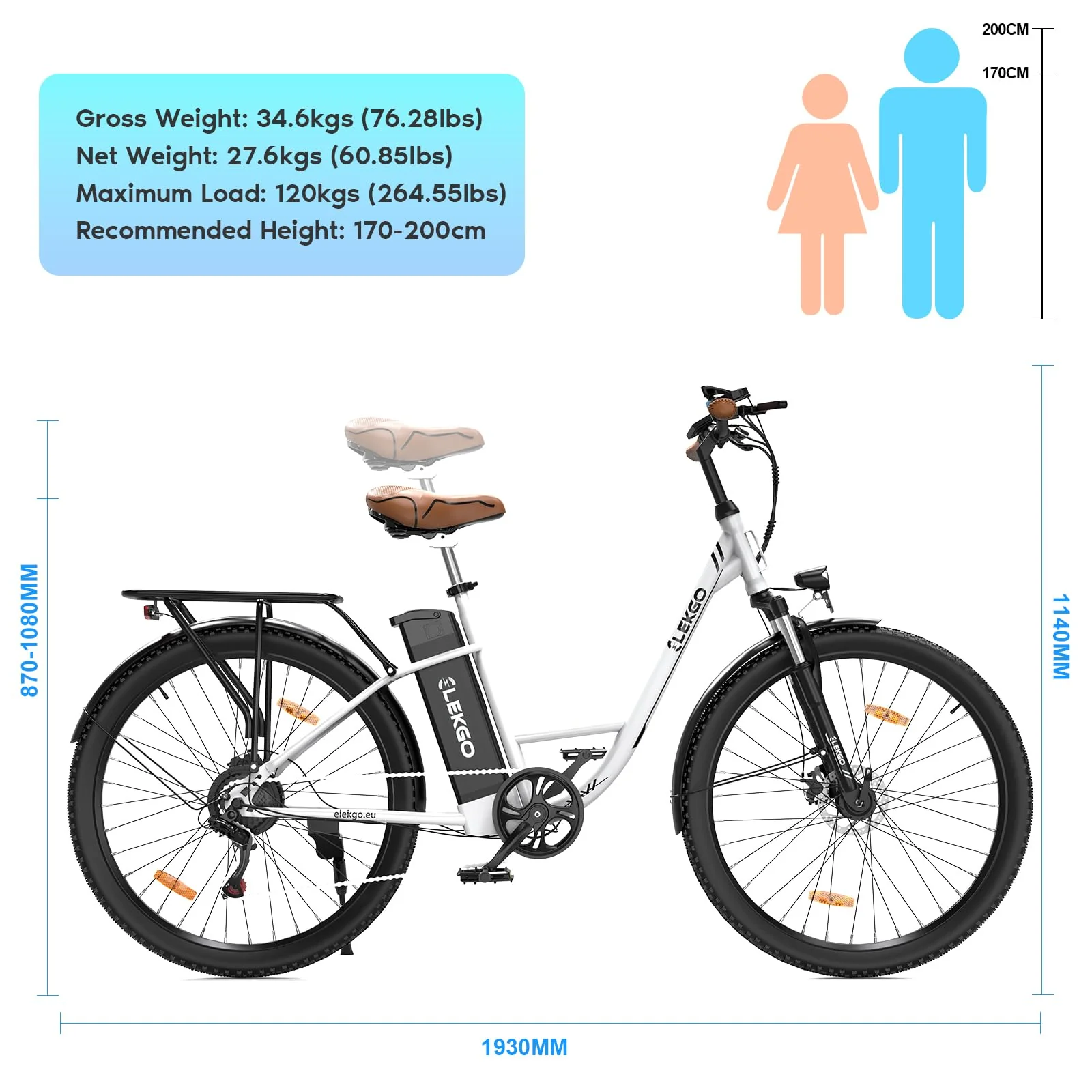 ELEKGO 28 Zoll E-Bike Elektrofahrrad, 7-Gang-Getriebe, 36V Abnehmbarer Akku, City Bike mit Geschwindikeit bis 25km/h，LCD-Display，Ausgestattet mit stoßdämpfenden Gabeln (White) - Image 5