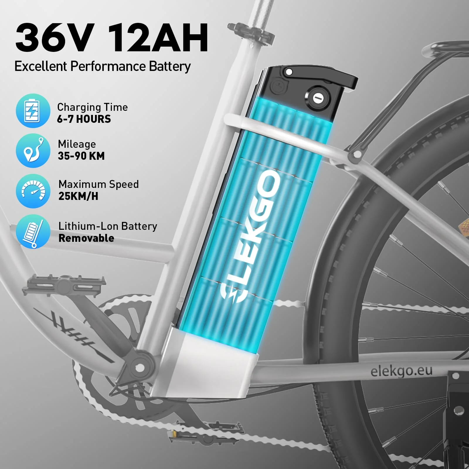 ELEKGO 28 Zoll E-Bike Elektrofahrrad, 7-Gang-Getriebe, 36V Abnehmbarer Akku, City Bike mit Geschwindikeit bis 25km/h，LCD-Display，Ausgestattet mit stoßdämpfenden Gabeln (White) - Image 6