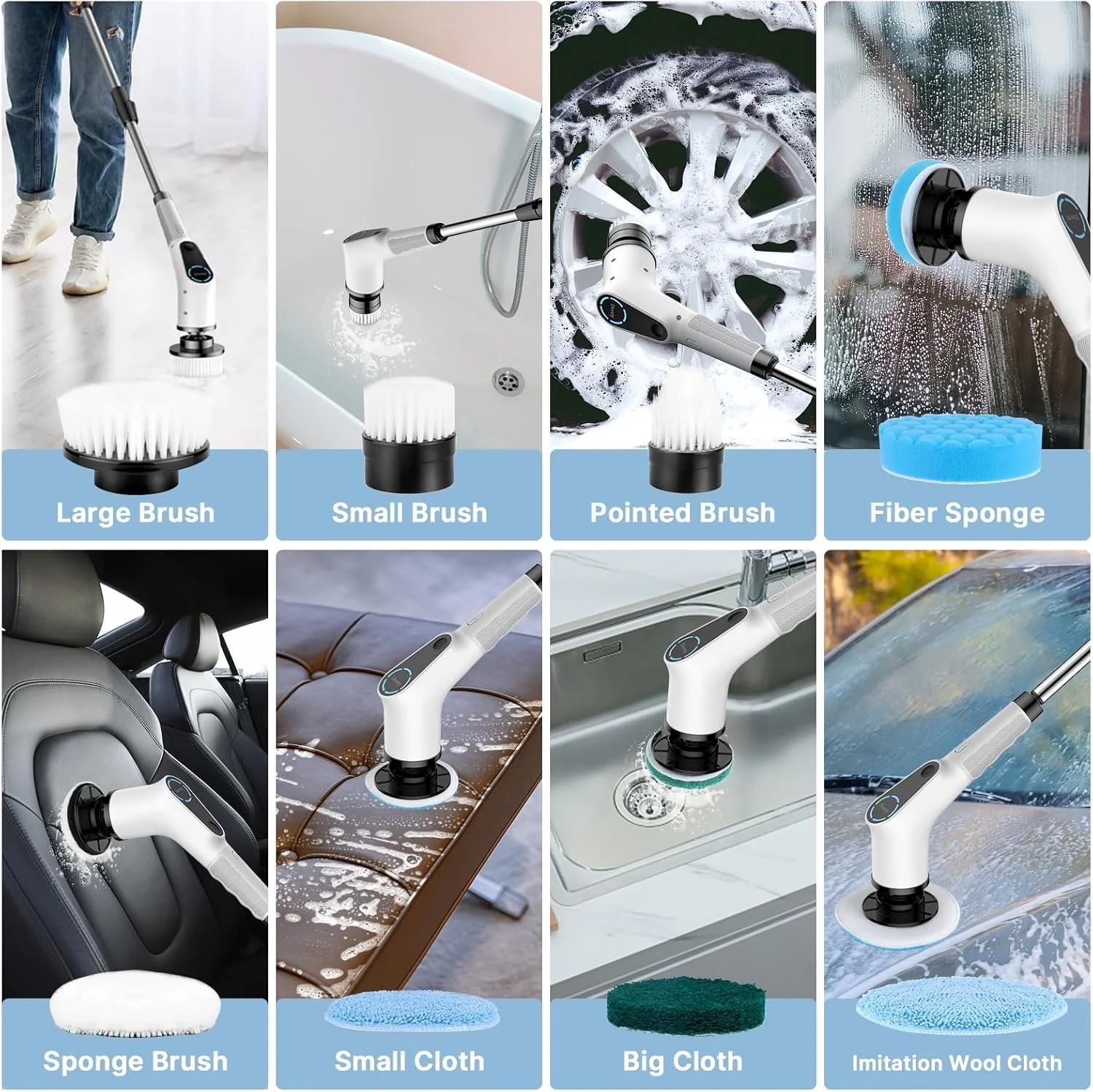 Elektrische Reinigungsbürste, 8 in 1 Electric Cleaning Brush mit austauschbaren Bohrbürstenköpfen, Wanne mopSet, Elektrische Putzbürste mit Verstellbarem Griff für Bad Küche Auto Fußboden - Image 6